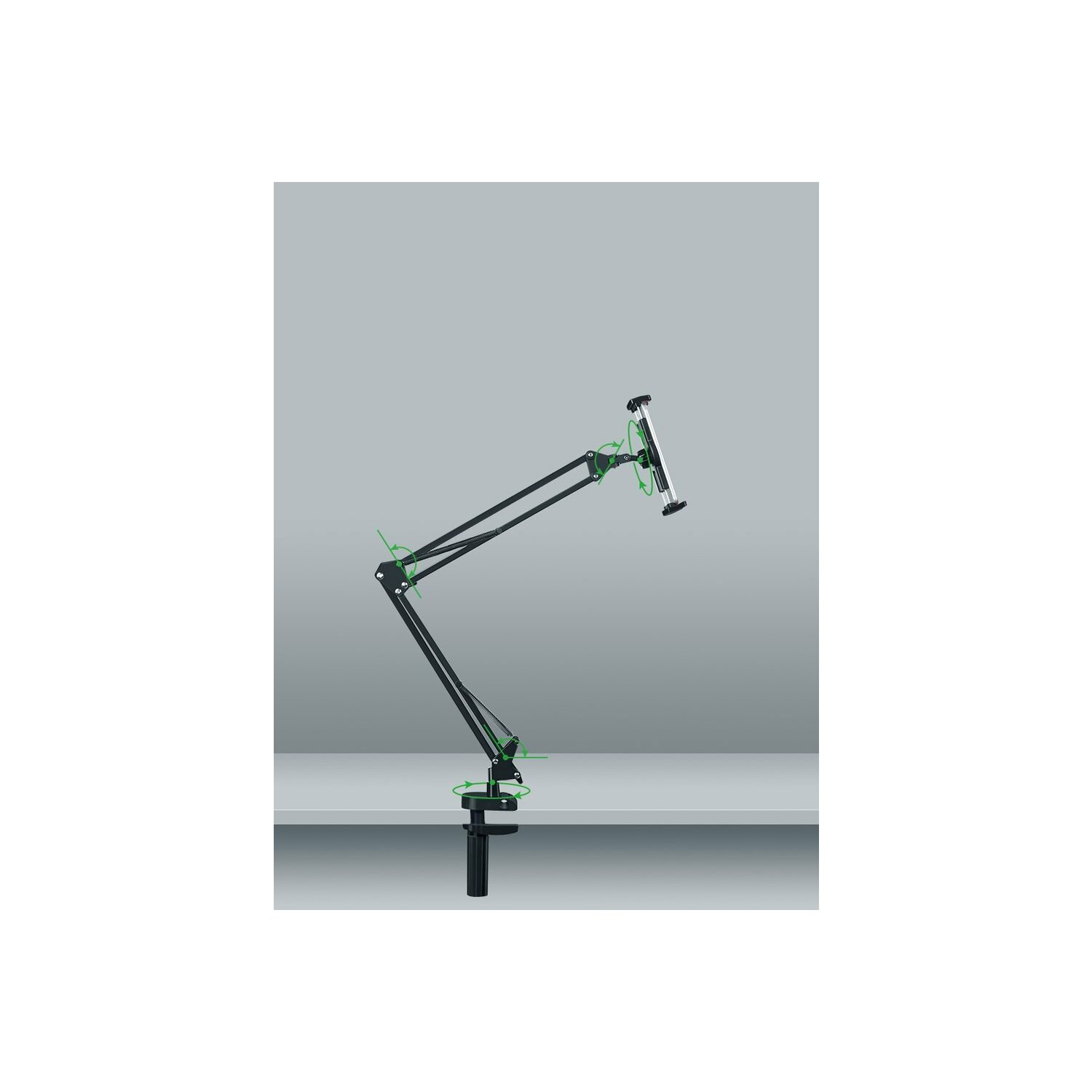 Czarny stojak na tablet na białej powierzchni, z szarym tłem. Zielone strzałki wskazują punkty regulacji.