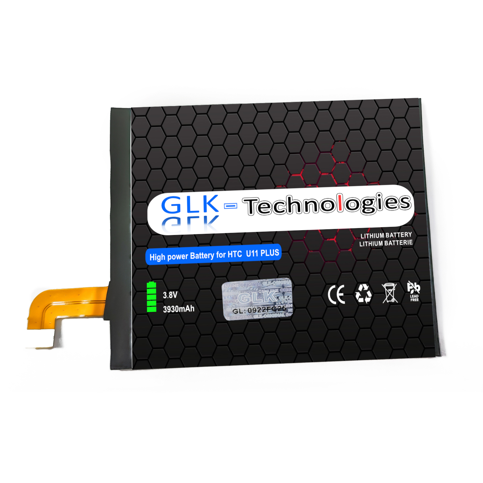 Schwarz-rote Batterie mit 'GLK Technologies' Text und Spezifikationen, weißer Hintergrund.