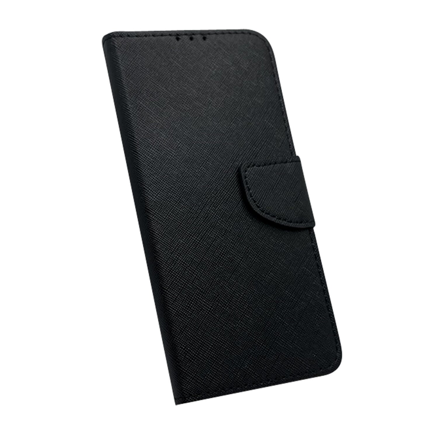 Una custodia per telefono nera con superficie strutturata e chiusura magnetica.