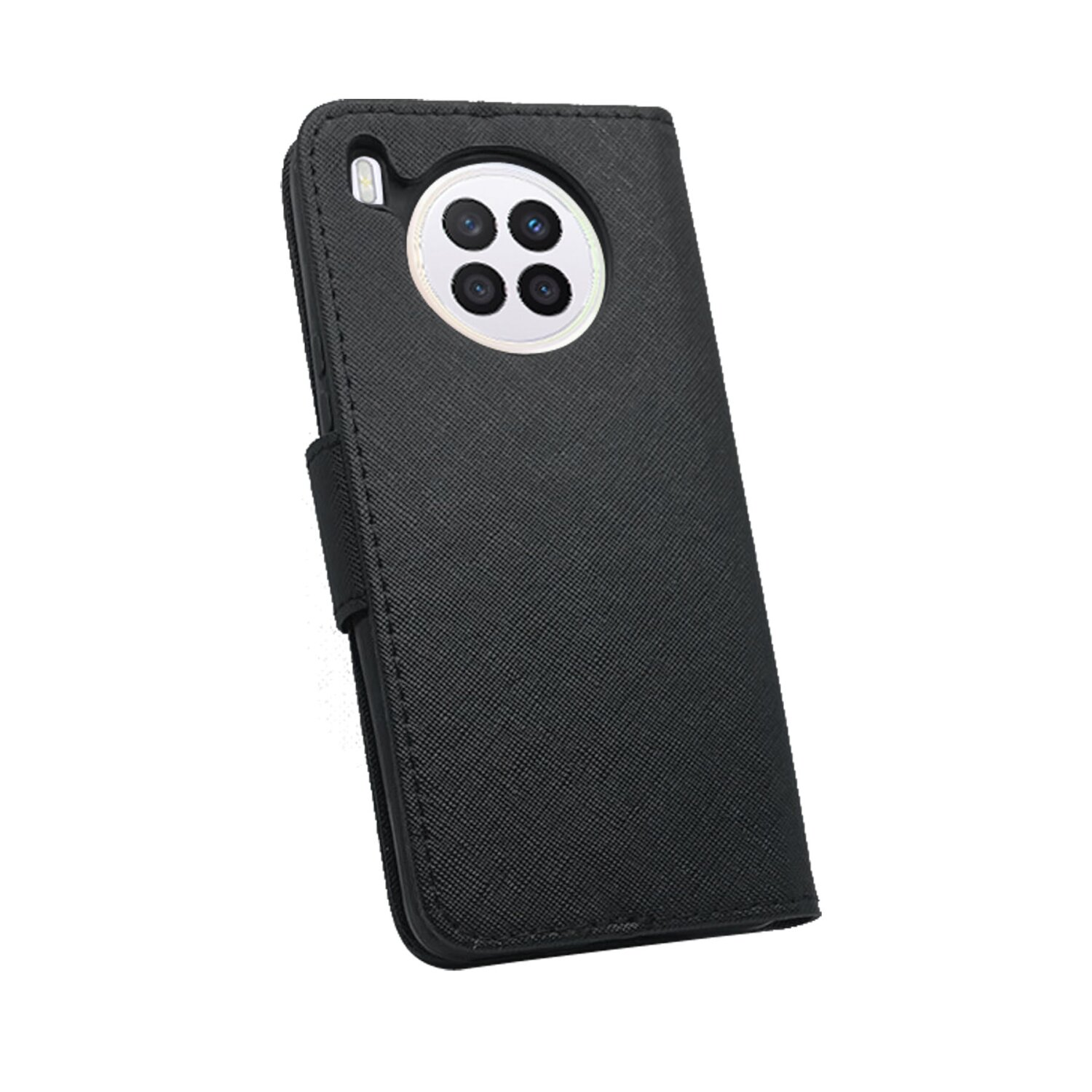 Custodia per telefono nera con ritaglio per fotocamera quadrupla, chiusa con chiusura magnetica.