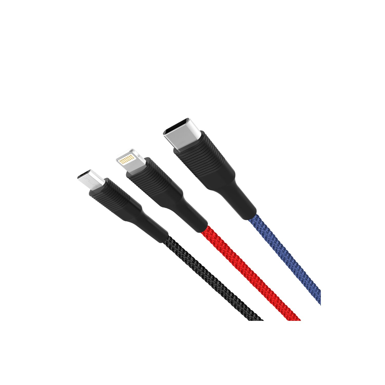Drei Ladekabel mit unterschiedlich farbigen Steckern. Schwarze, rote und blaue Kabel.