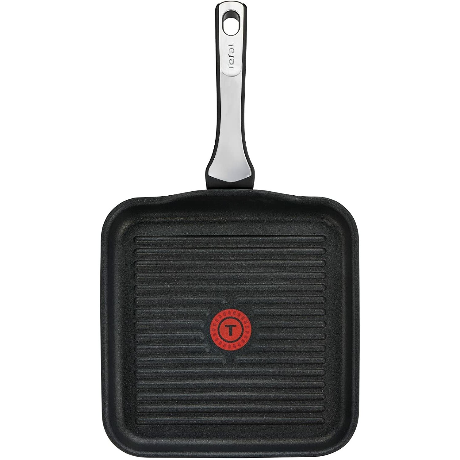 Eine schwarze quadratische Grillpfanne mit silbernem Griff. Die Pfanne hat ein rotes "Tefal" Logo.