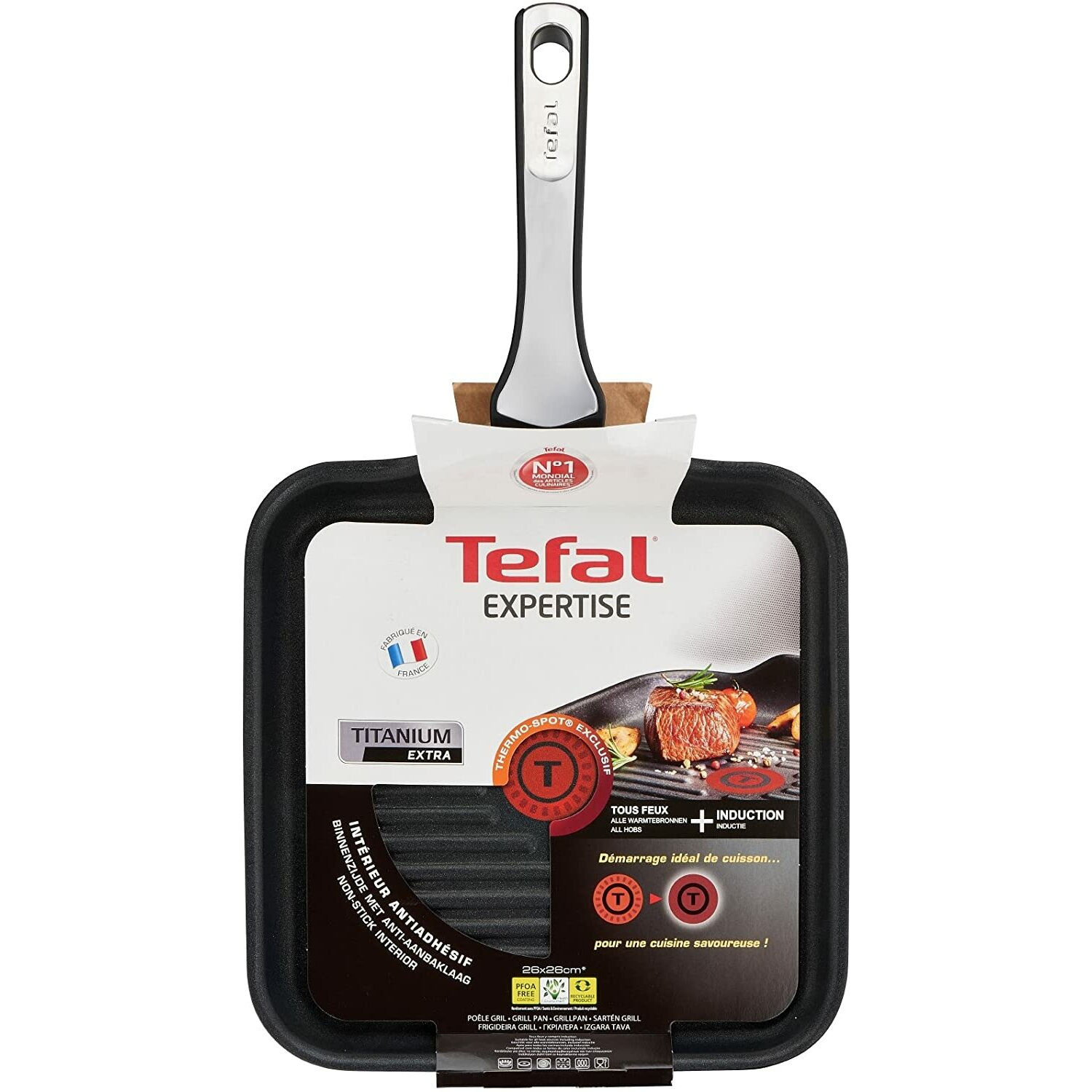 Quadratische schwarze Tefal Grillpfanne mit Griff, auf weißem Hintergrund, zeigt die Produktverpackung.