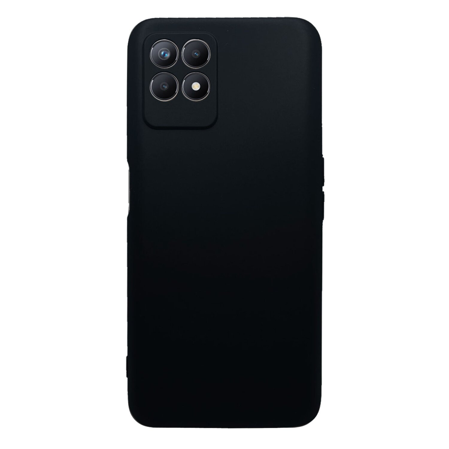 Custodia nera per smartphone con design fotocamera quadrato su sfondo bianco.
