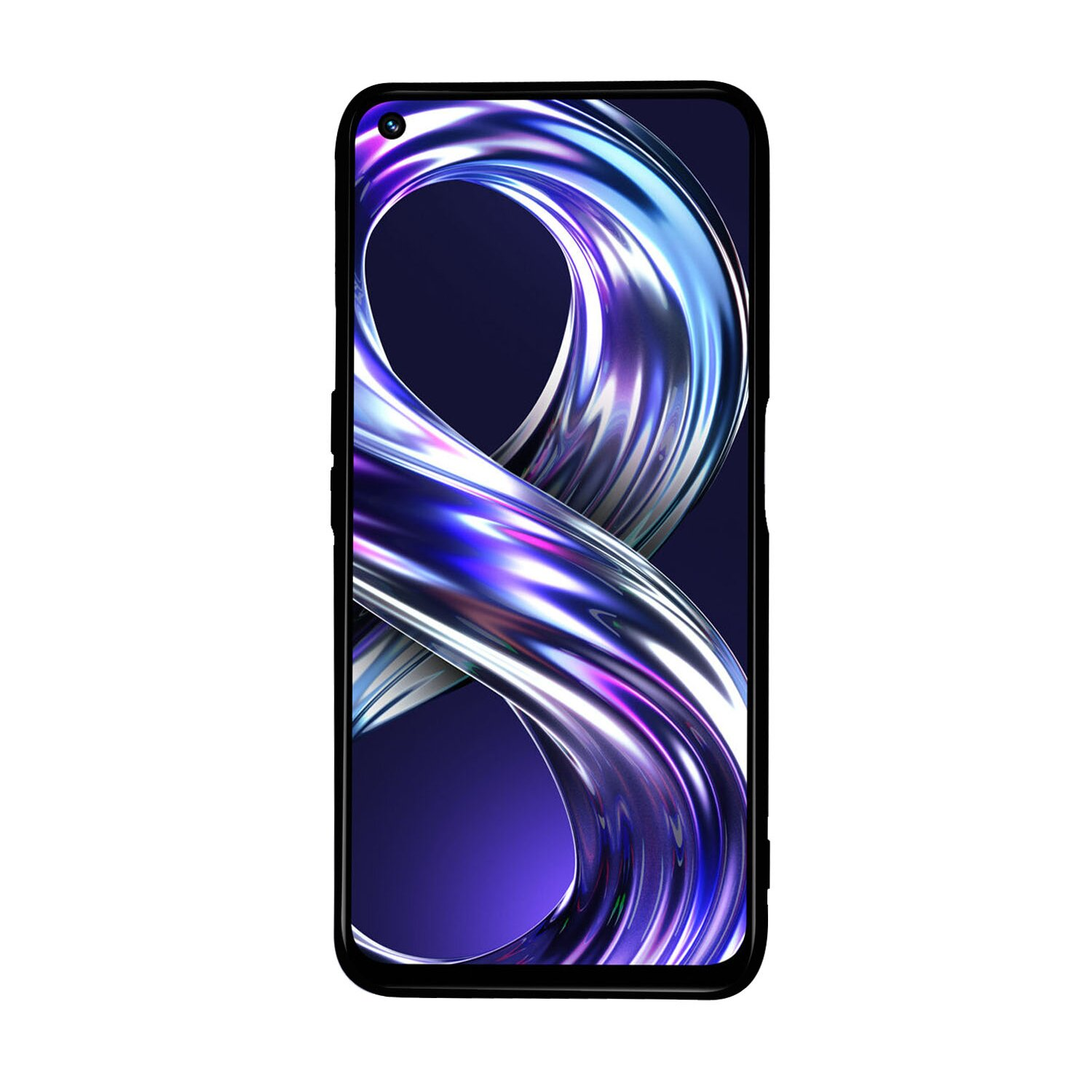 Uno smartphone nero con schermo colorato su sfondo bianco.