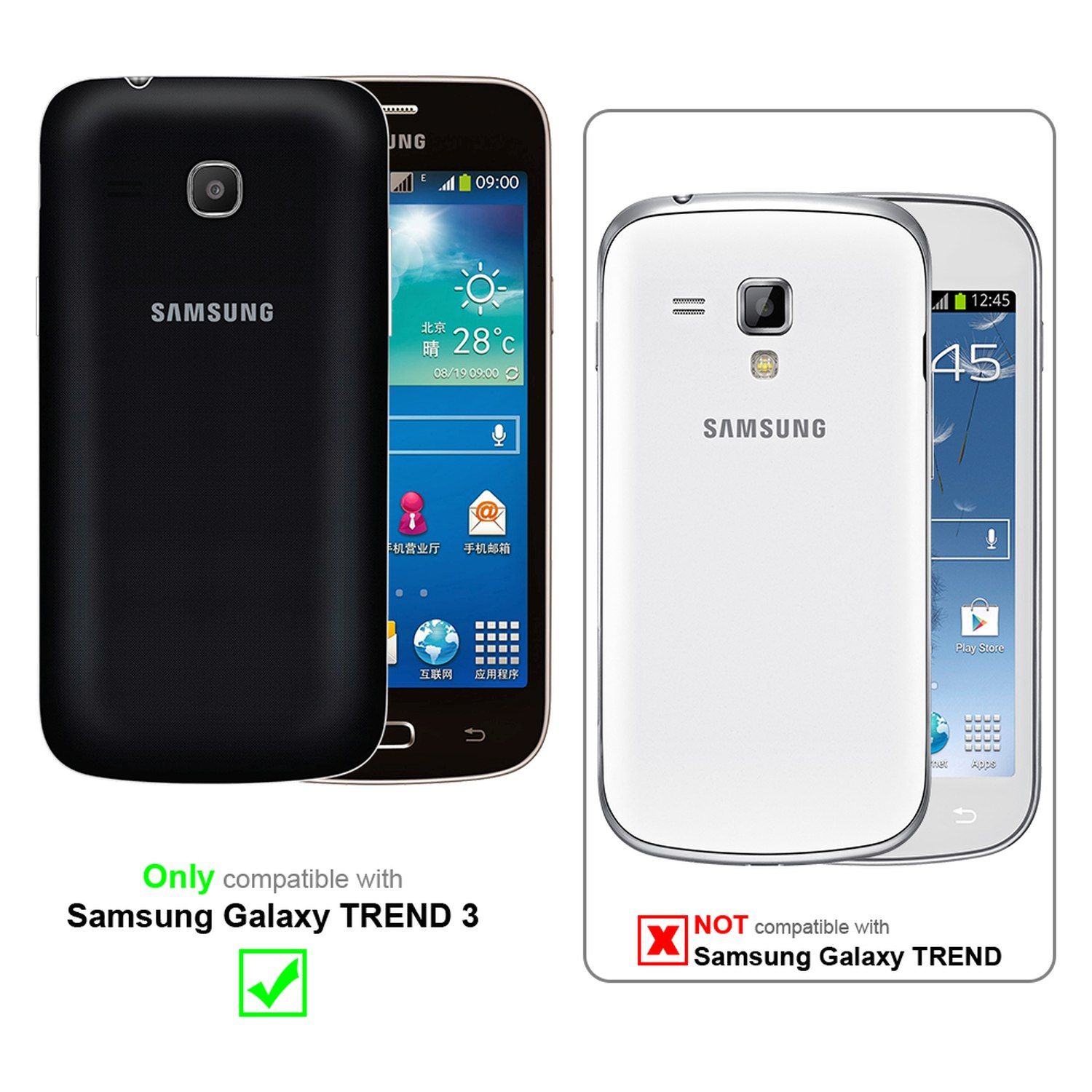 Due telefoni Samsung Galaxy Trend 3, uno nero, uno bianco, con info compatibilità.