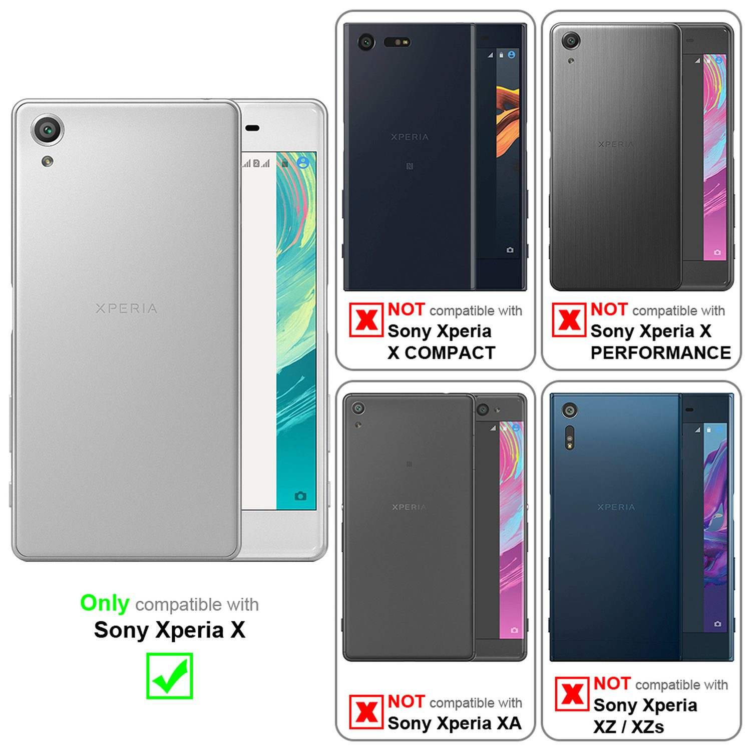 Mehrere Handyhüllen, die Kompatibilität zeigen. Nur kompatibel mit Sony Xperia X.