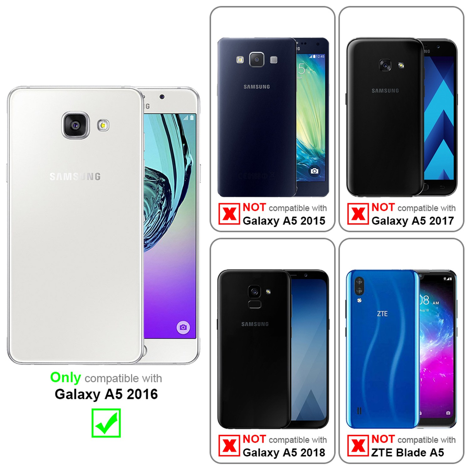 Teléfono blanco Samsung Galaxy A5 2016 junto a imágenes de otros teléfonos, mostrando compatibilidad.