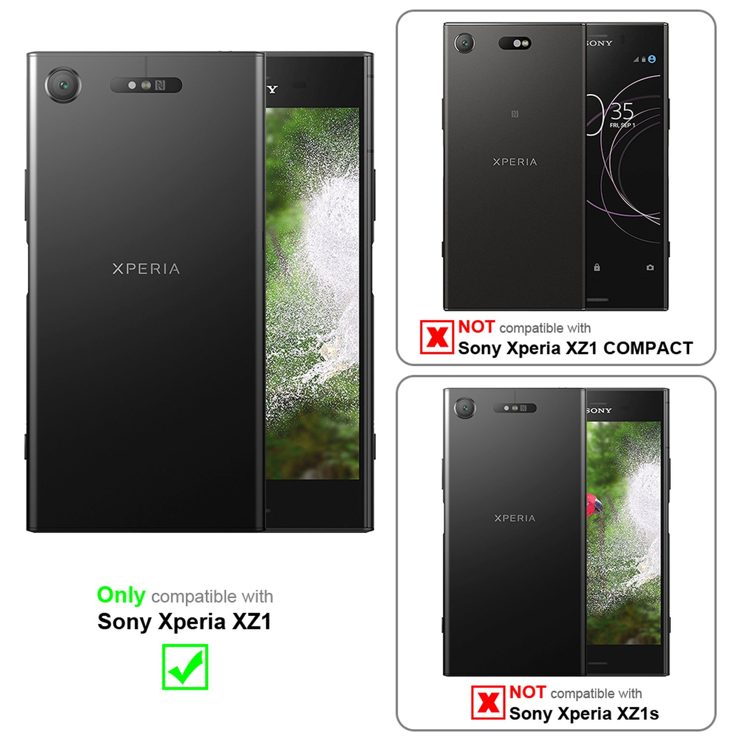 Due telefoni: un Sony XZ1 compatibile e due telefoni non compatibili. Segno di spunta verde/X rossa.