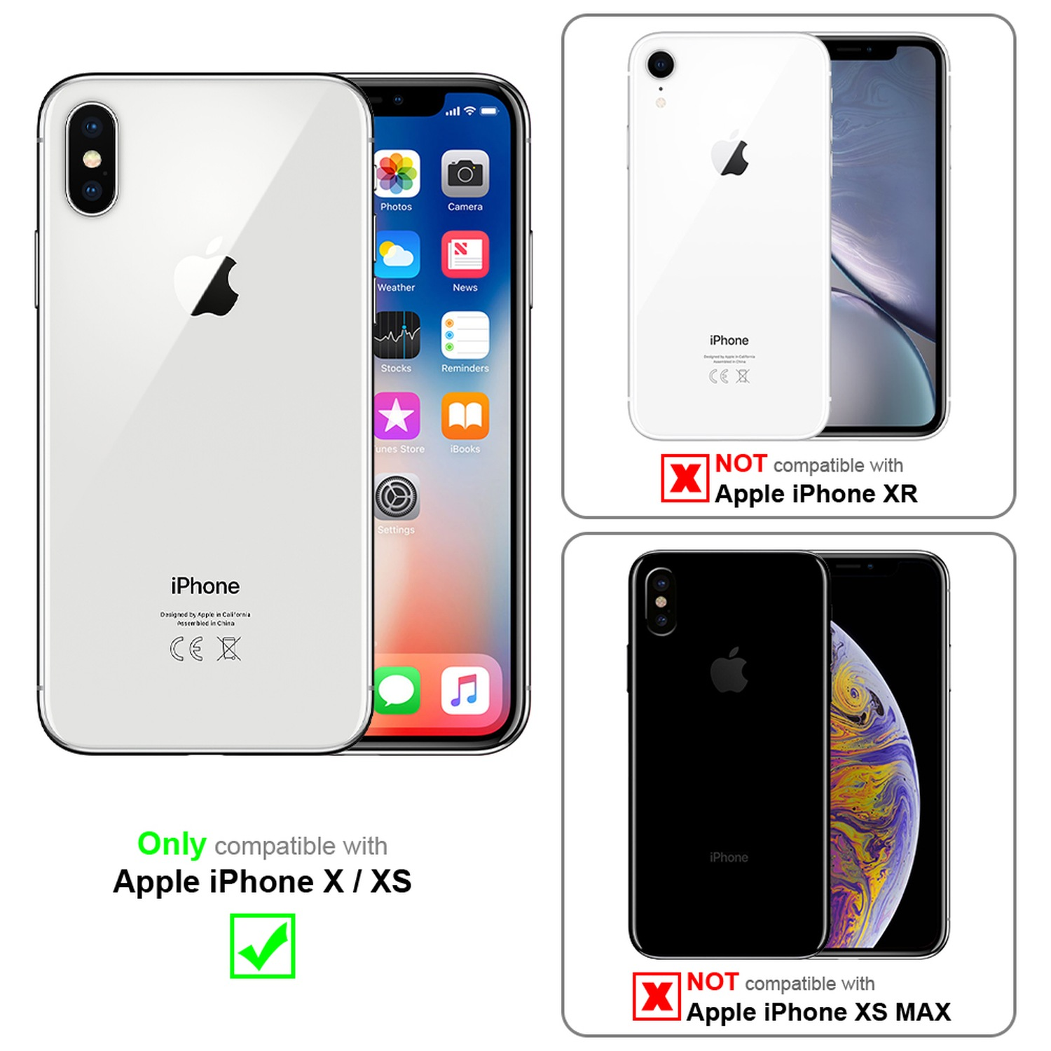 Zwei iPhones, eines weiß, eines schwarz, mit einem grünen Häkchen für iPhone X/XS-Kompatibilität und roten X's für andere Modelle.