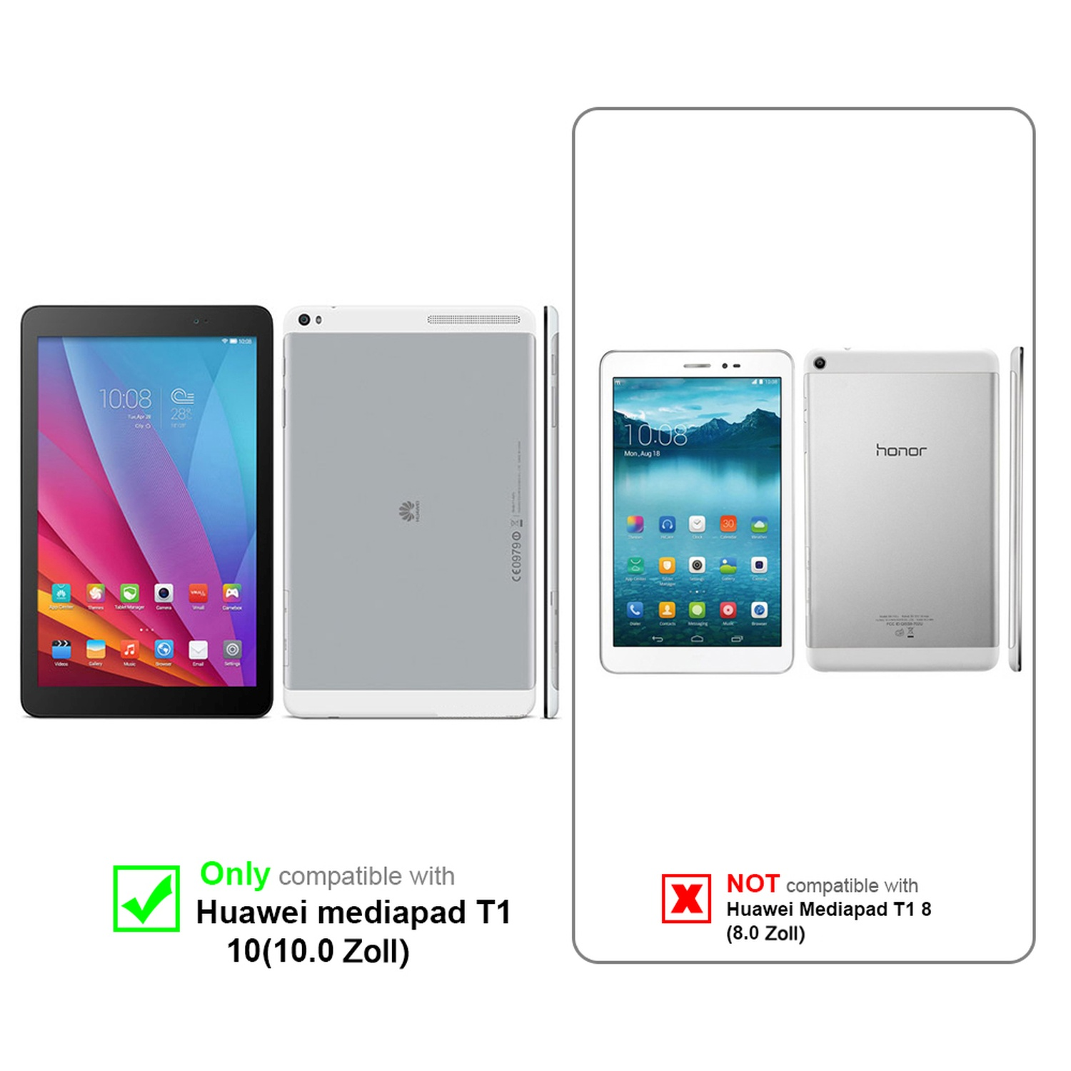 Comparación de tabletas: Huawei Mediapad T1 10 compatible, T1 8 incompatible.