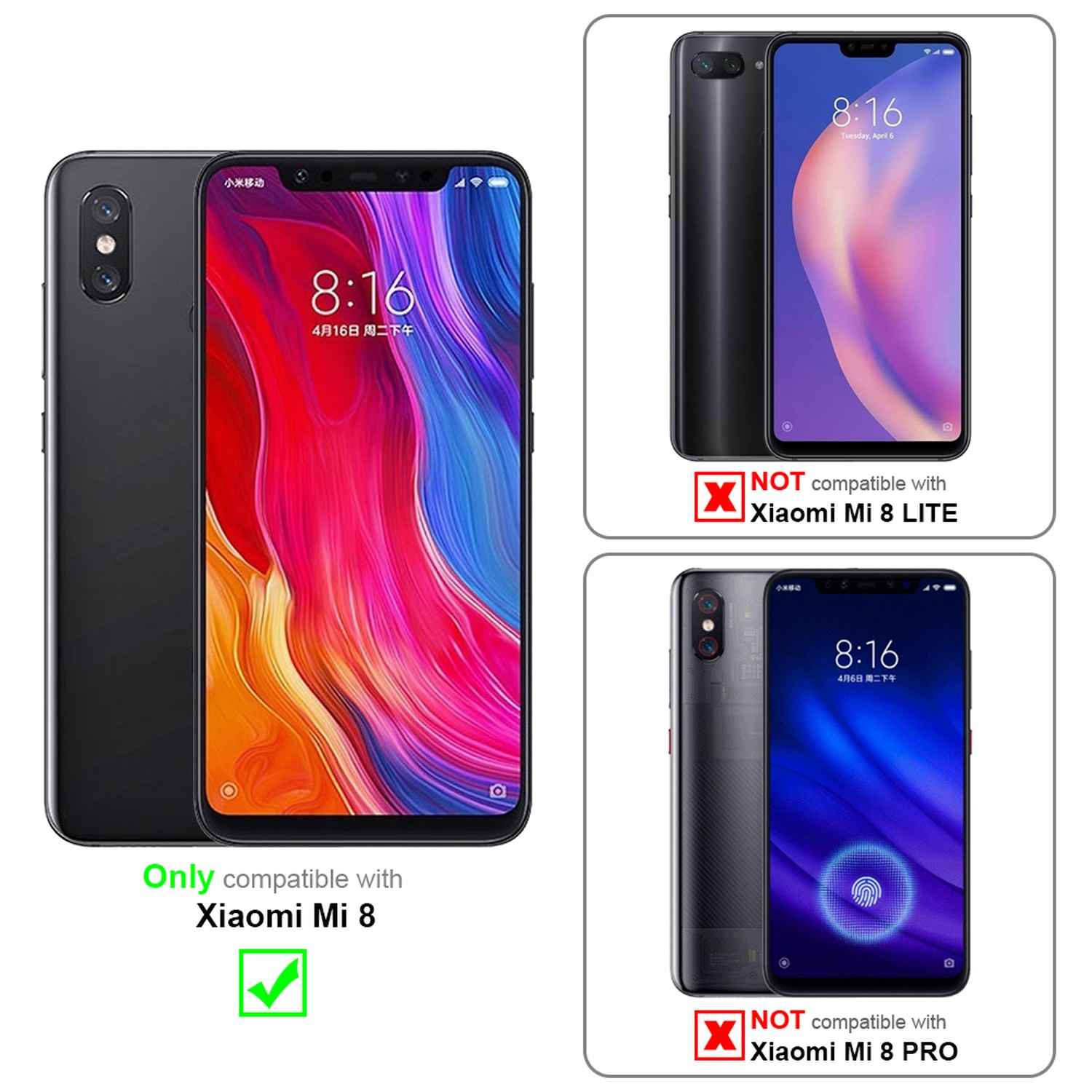 Telefoni: Mostrato Xiaomi Mi 8 nero. Altri telefoni mostrati sono incompatibili: Mi 8 Lite, Mi 8 Pro.