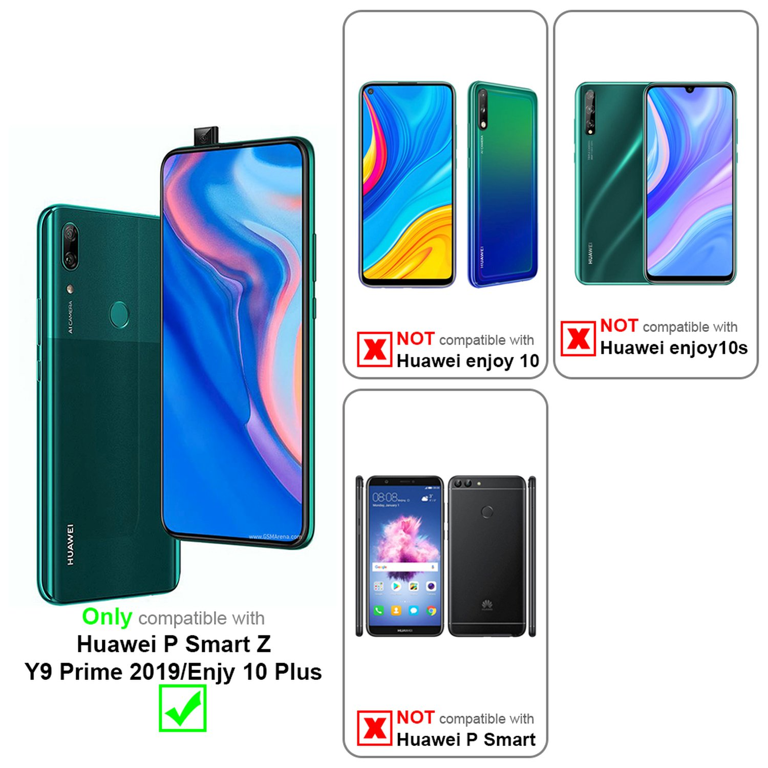 Vengono mostrati telefoni verdi, compatibili solo con Huawei P Smart Z Y9 Prime 2019/Enjy 10 Plus.