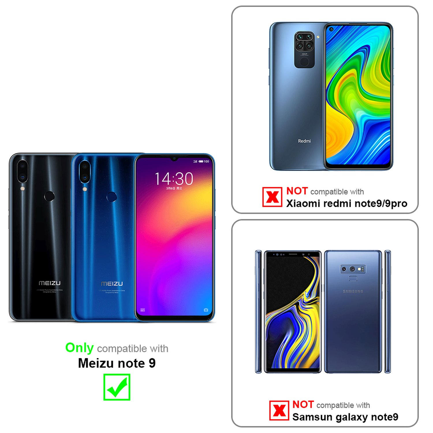Confronto tra telefoni: Meizu Note 9 compatibile, Xiaomi Redmi Note 9/9 Pro e Samsung Note 9 no.