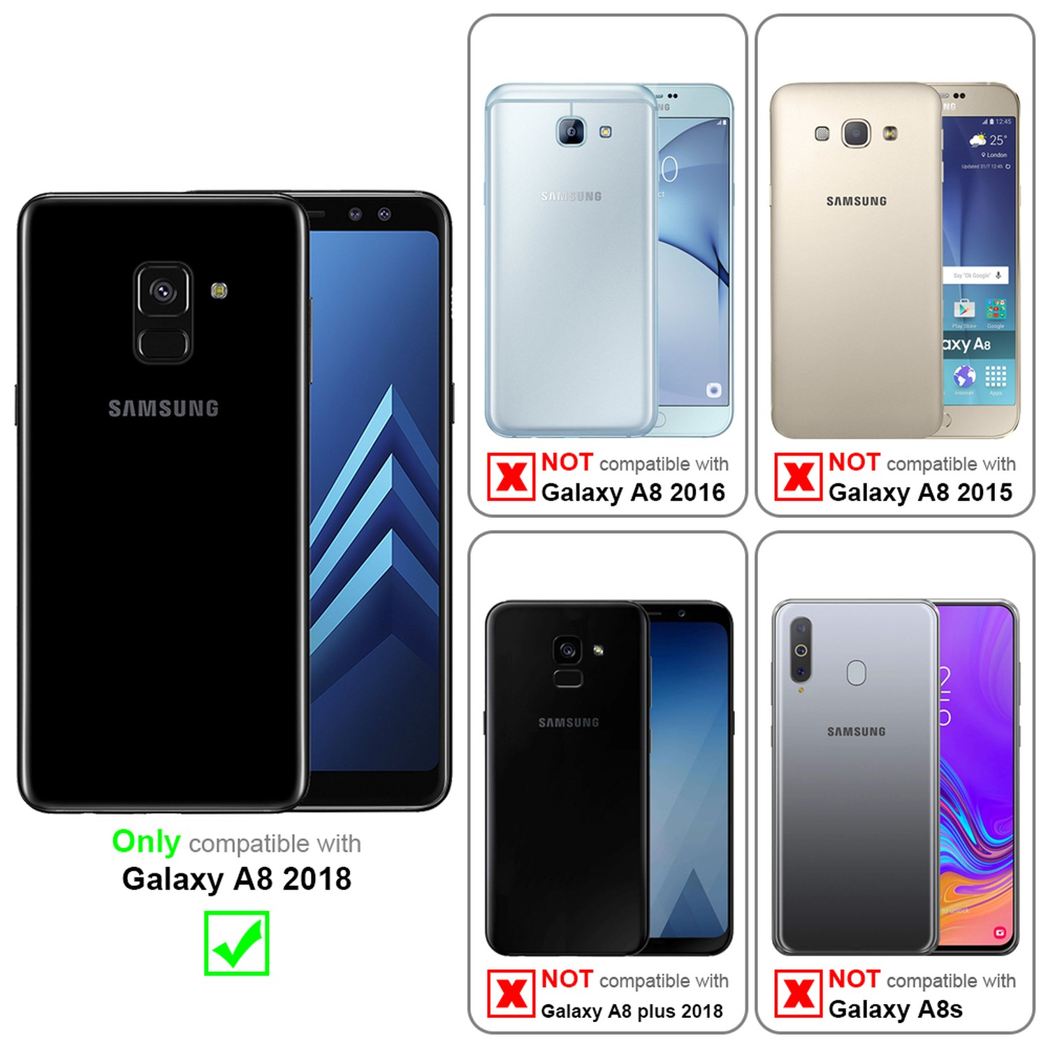Tre telefoni, il Galaxy A8 2018 è compatibile con un segno di spunta verde. Altri no, con X rosse.