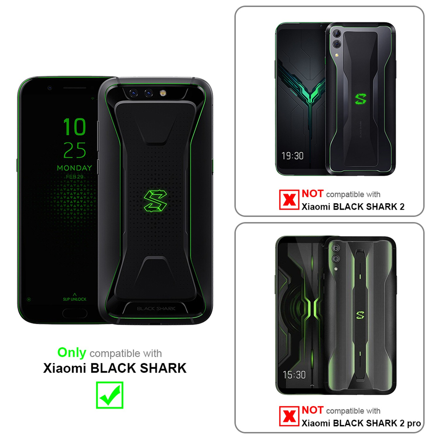 Black Shark-Telefone in Hüllen; eines kompatibel, zwei nicht. Text und Häkchen.