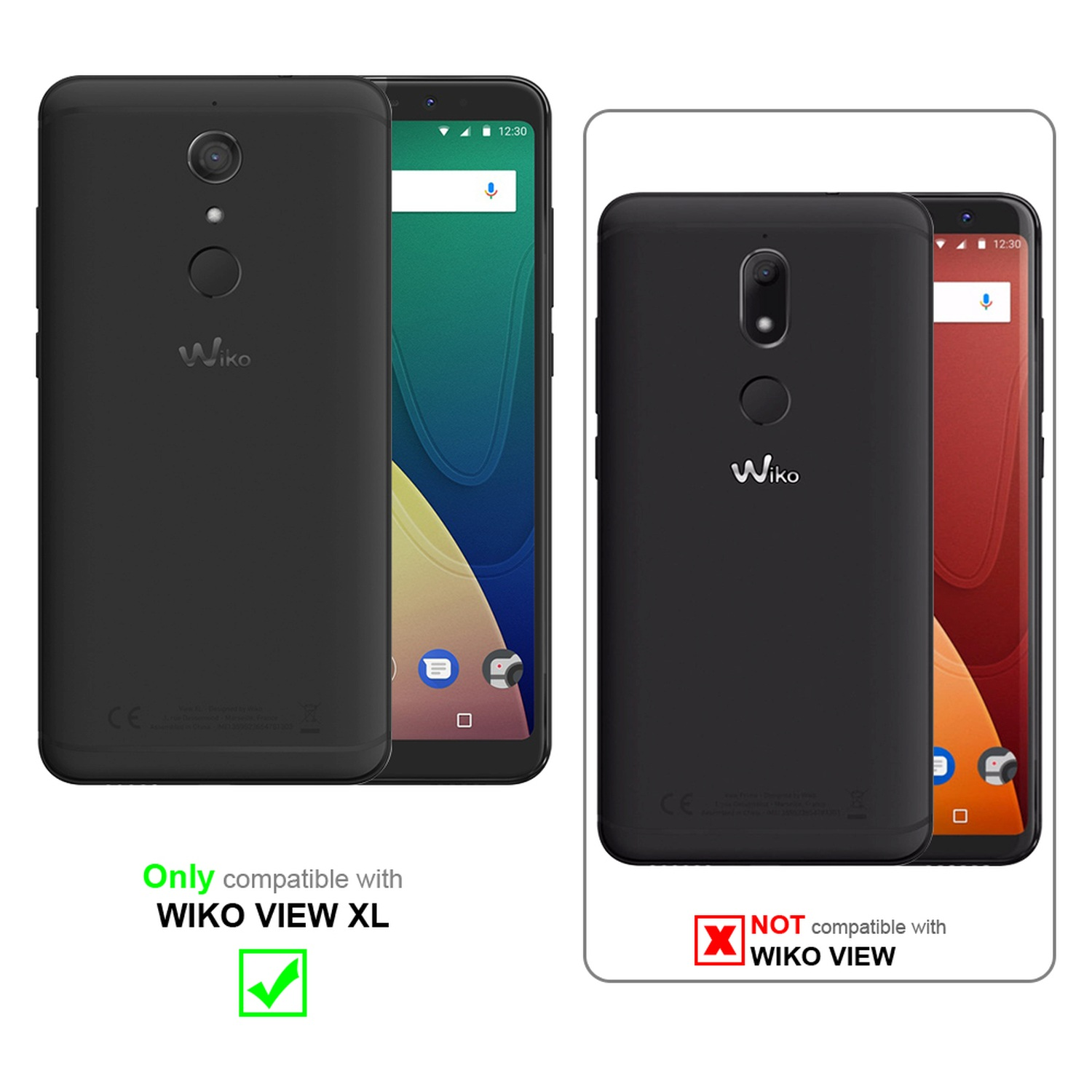 Zwei schwarze Telefone. Text: Nur kompatibel mit WIKO VIEW XL.