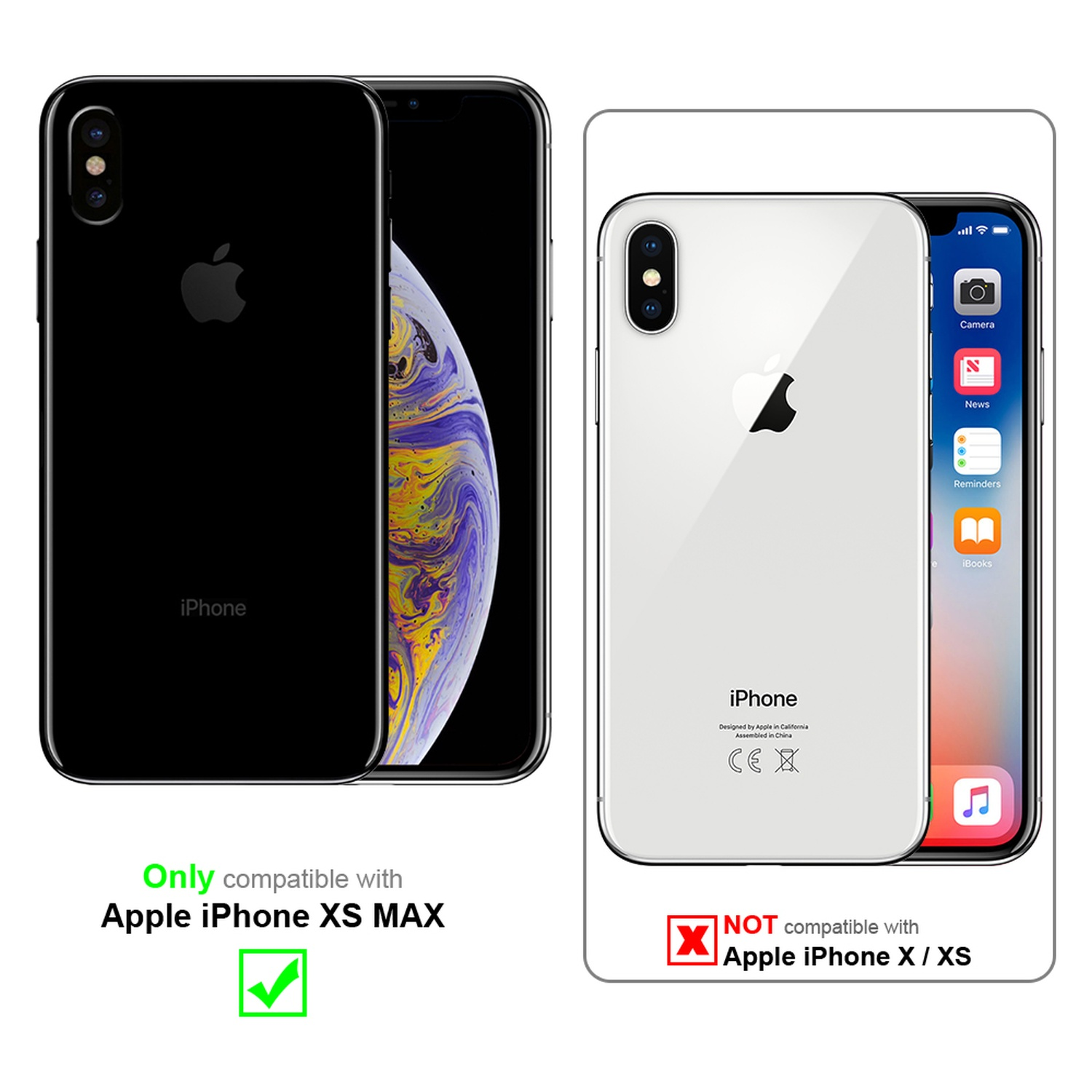 Zwei iPhones. Eines schwarz, eines weiß. Text: Nur kompatibel mit Apple iPhone XS MAX.