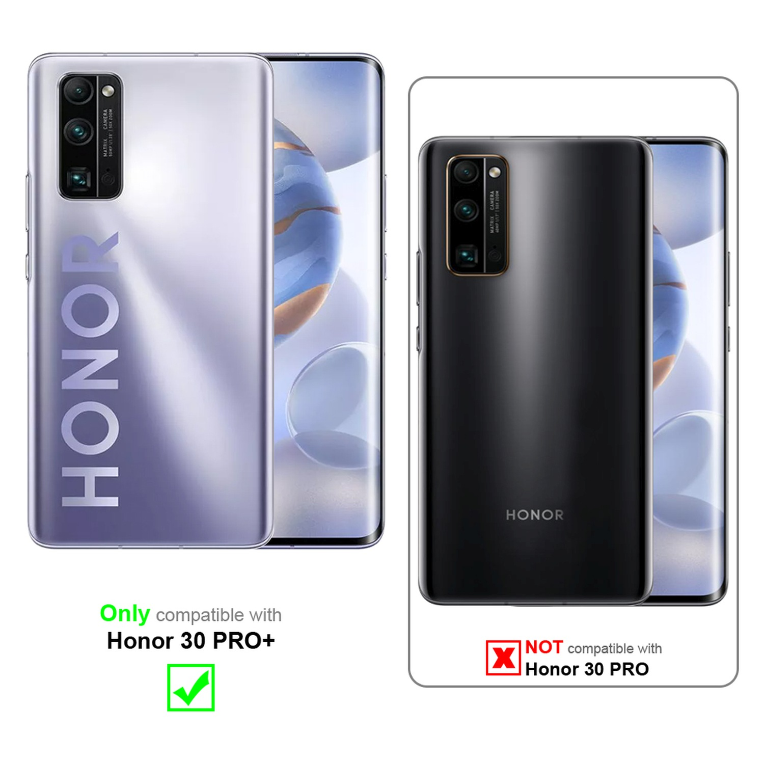 Due telefoni Honor. Uno viola, uno nero. Testo indica compatibilità con Honor 30 Pro+. Il nero no.