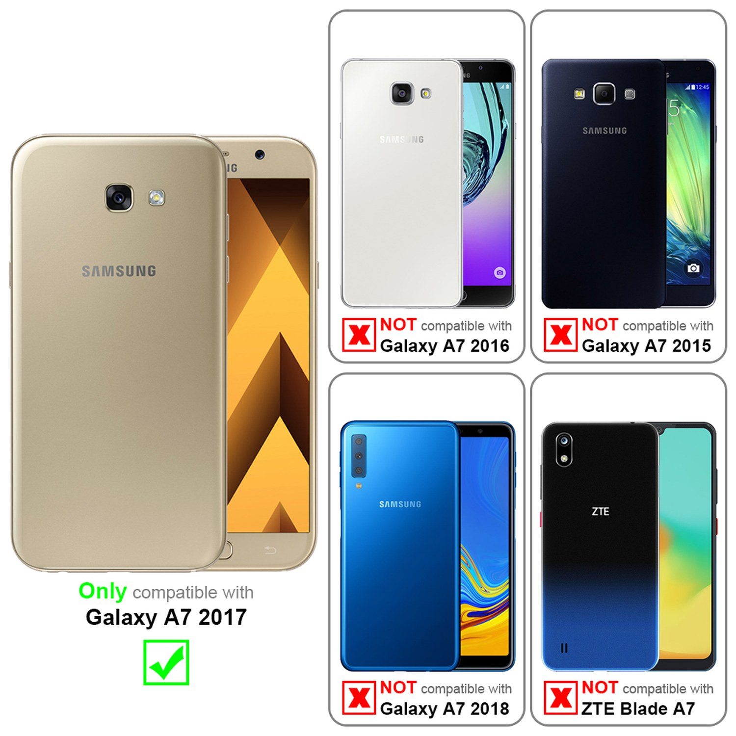 Telefono dorato e altri. Compatibile solo con Galaxy A7 2017. Altri non compatibili.