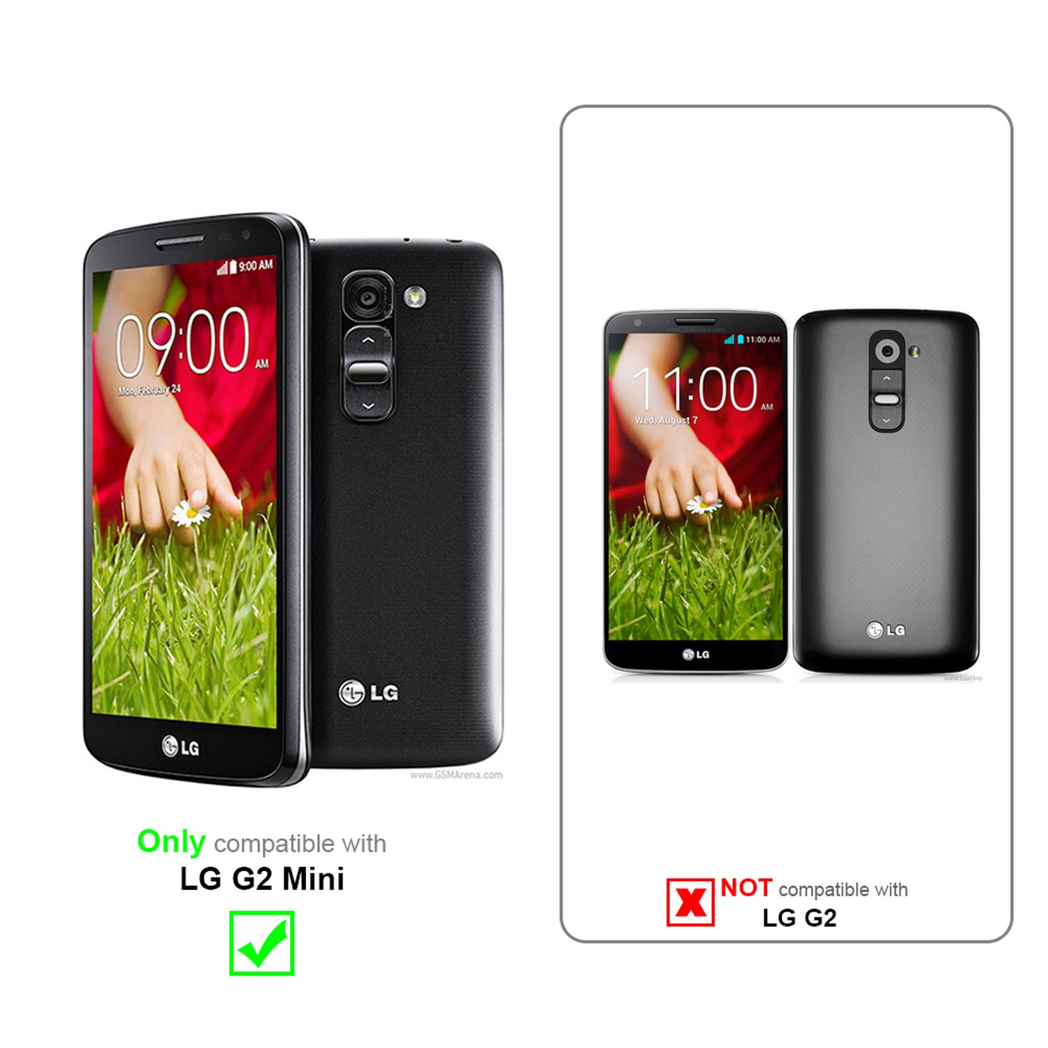 Image comparant le LG G2 Mini avec le LG G2. Seul le G2 Mini est compatible.