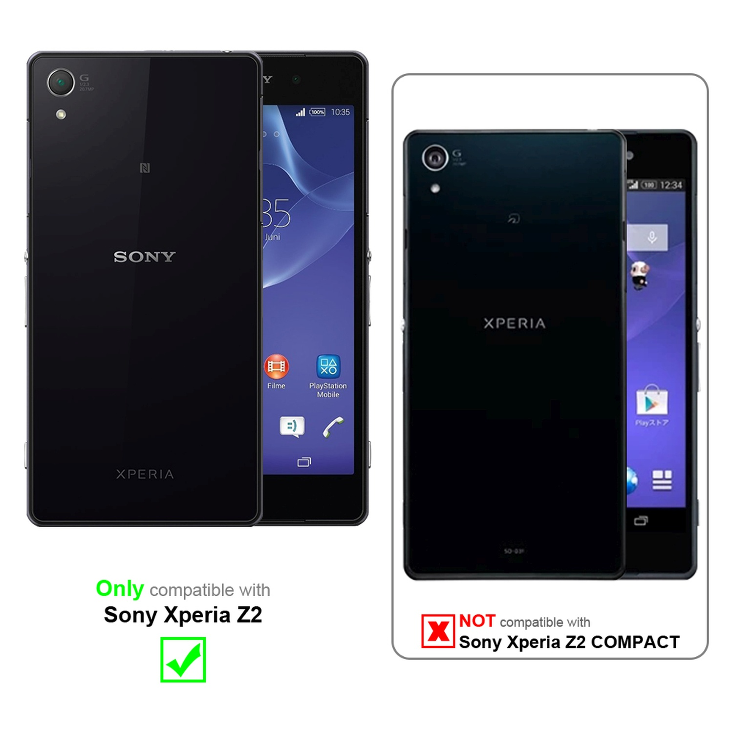 Tres teléfonos, Sony Xperia Z2 compatible con marca de verificación verde. Sony Xperia Z2 COMPACT no, con X roja.