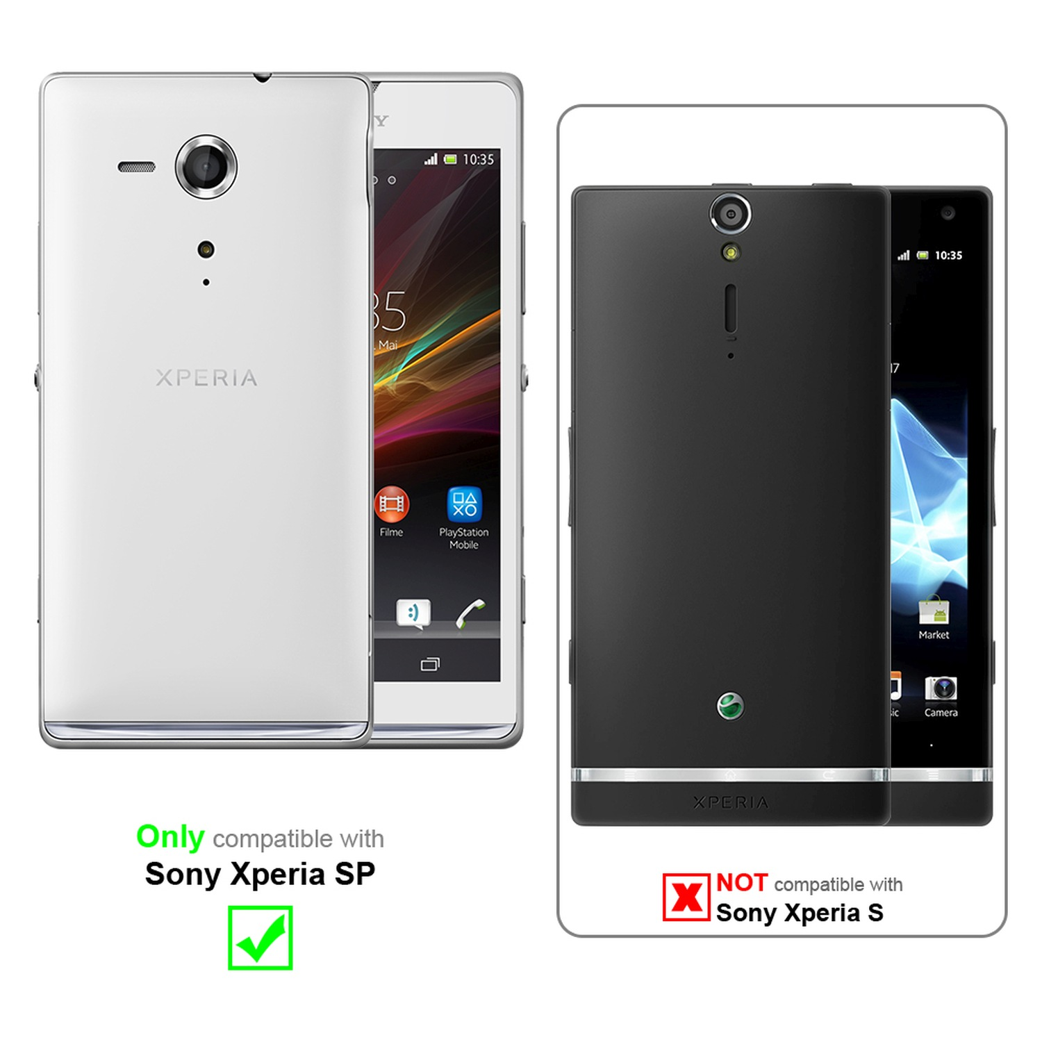 Dos teléfonos Sony Xperia SP, uno blanco, uno negro, con una marca de verificación verde.