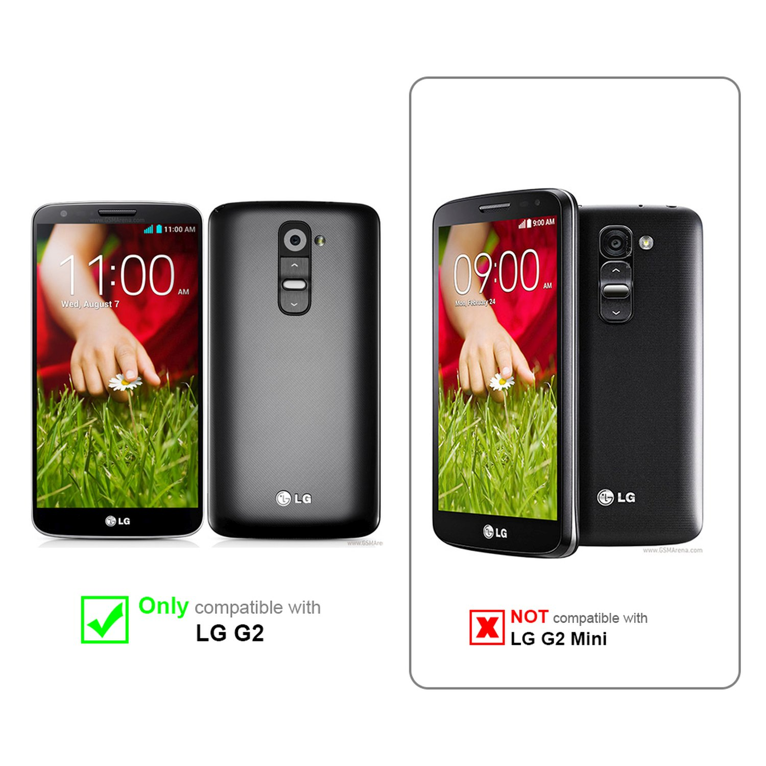 Tre telefoni, LG G2 compatibile con spunta verde. LG G2 Mini no, con X rossa.