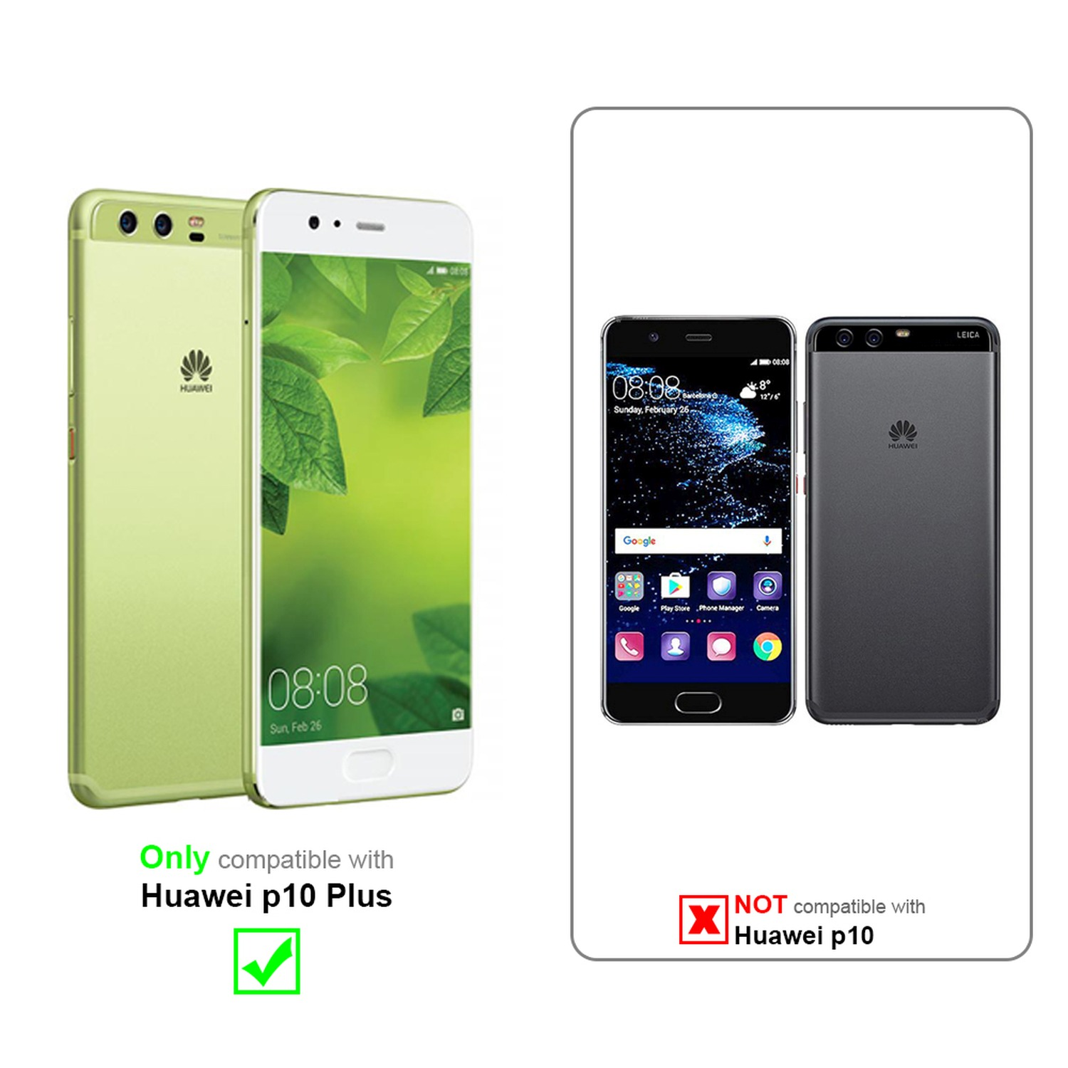 Tre telefoni, Huawei p10 Plus compatibile con spunta verde. Huawei p10 no, con X rossa.