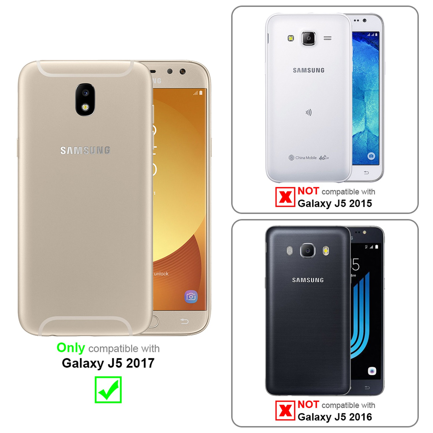 Dos teléfonos Samsung Galaxy. Uno dorado, uno blanco. Texto: compatible con J5 2017. El blanco no.