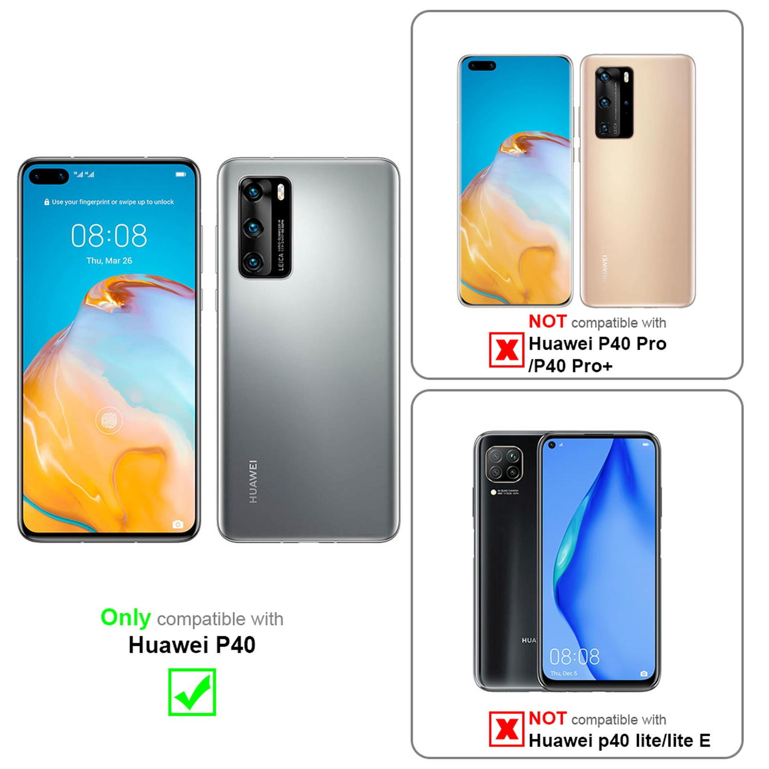 Drei Telefone. Eins grau, eins blau und gold, und eins schwarz. Text: Nur kompatibel mit Huawei P40.