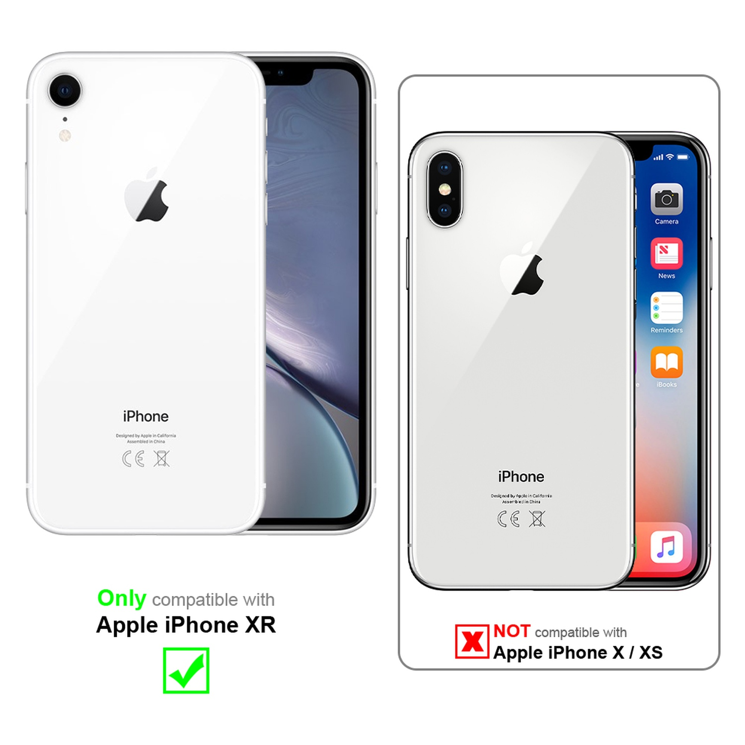 Zwei weiße iPhones. Text: Kompatibilität mit iPhone XR. Das andere ist nicht kompatibel.