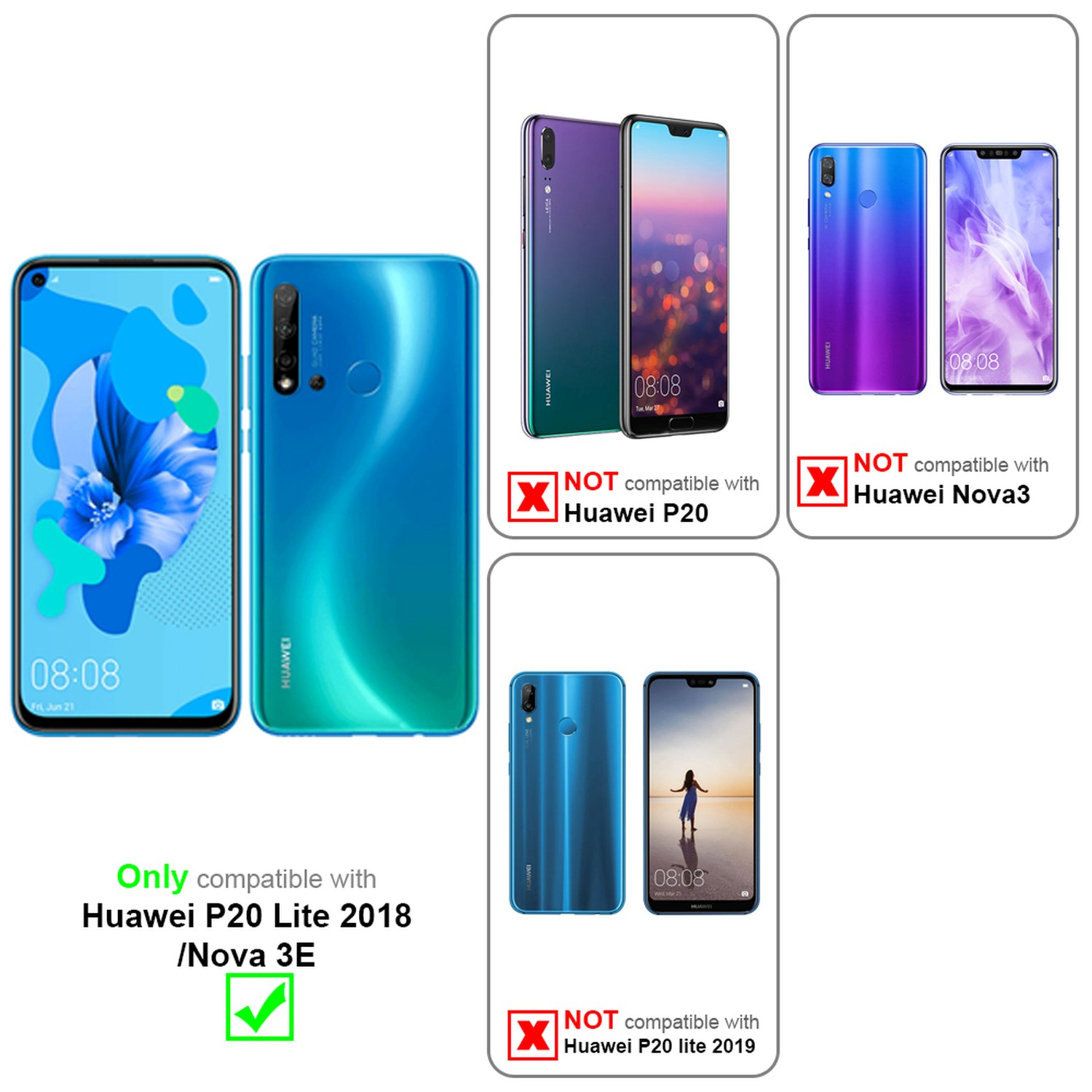Blaues Huawei P20 Lite 2018 / Nova 3E Telefon neben Bildern anderer Telefone, die die Kompatibilität zeigen.