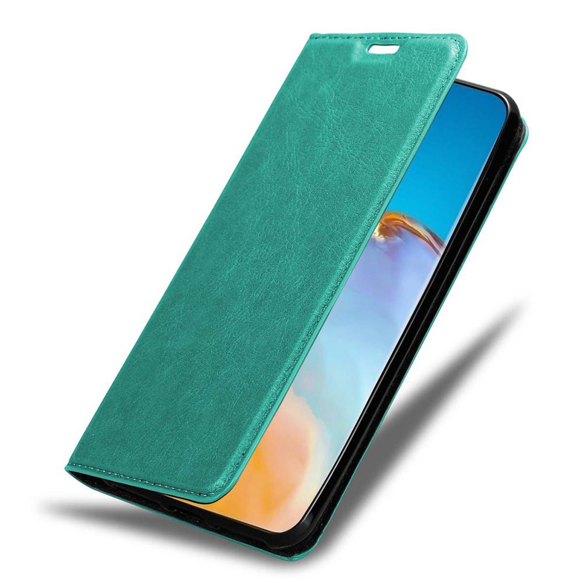 Eine türkisfarbene Handyhülle ist geöffnet und zeigt ein Handy. Der Telefonbildschirm zeigt einen hellfarbigen Hintergrund.