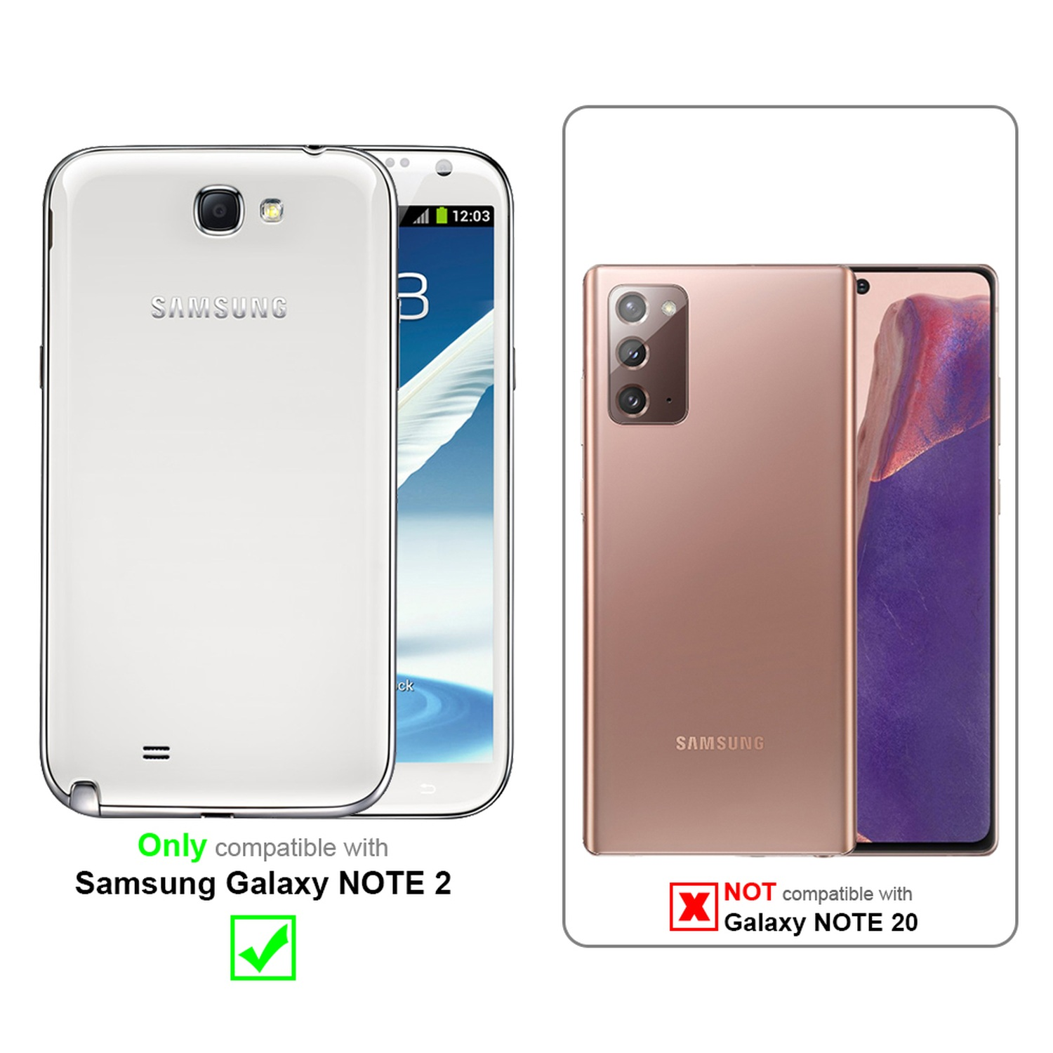 Custodia bianca per Samsung Note 2. Altri non compatibili. Segno di spunta verde indica compatibilità.