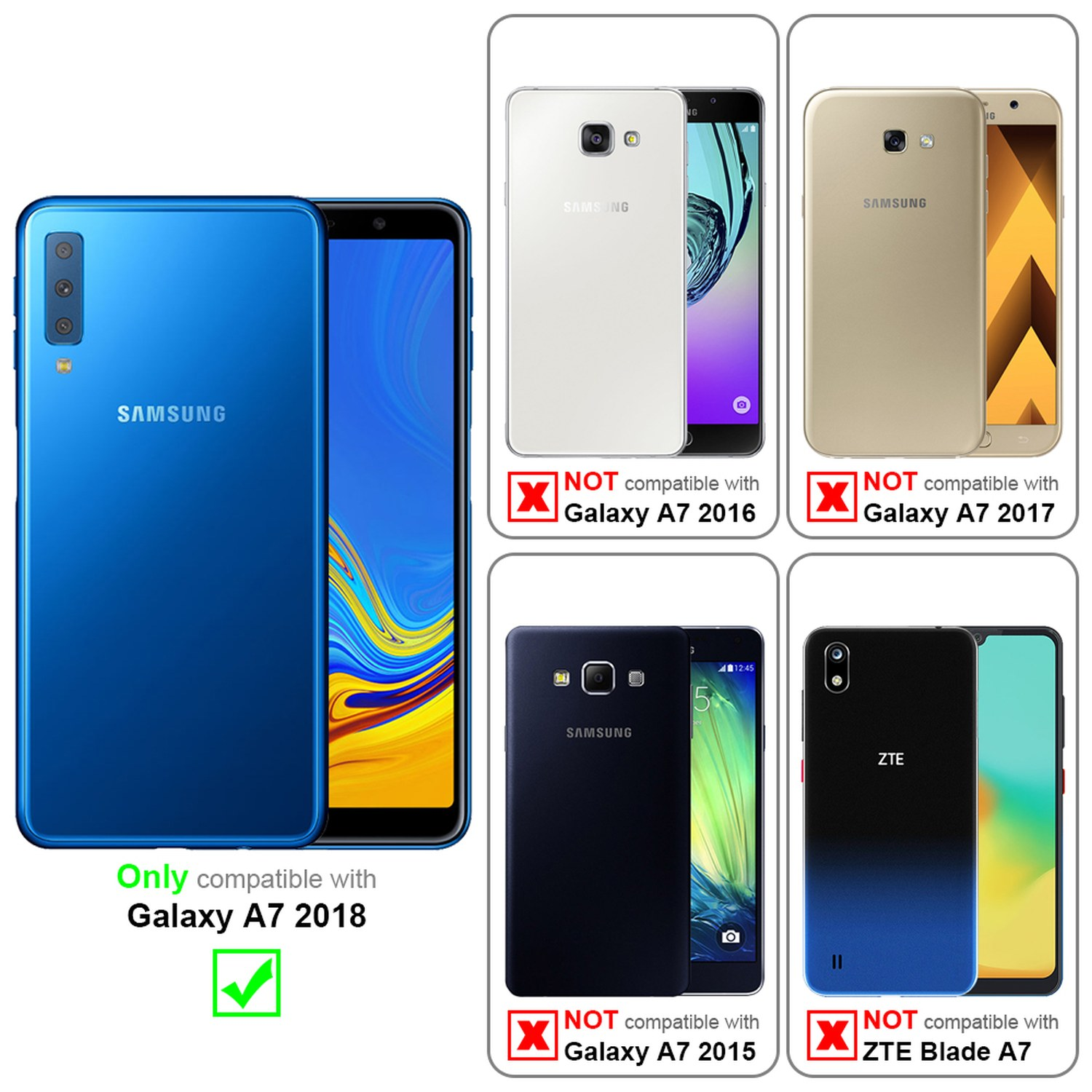 Blaues Samsung Galaxy A7 2018 neben Bildern anderer Telefone, die die Kompatibilität zeigen.