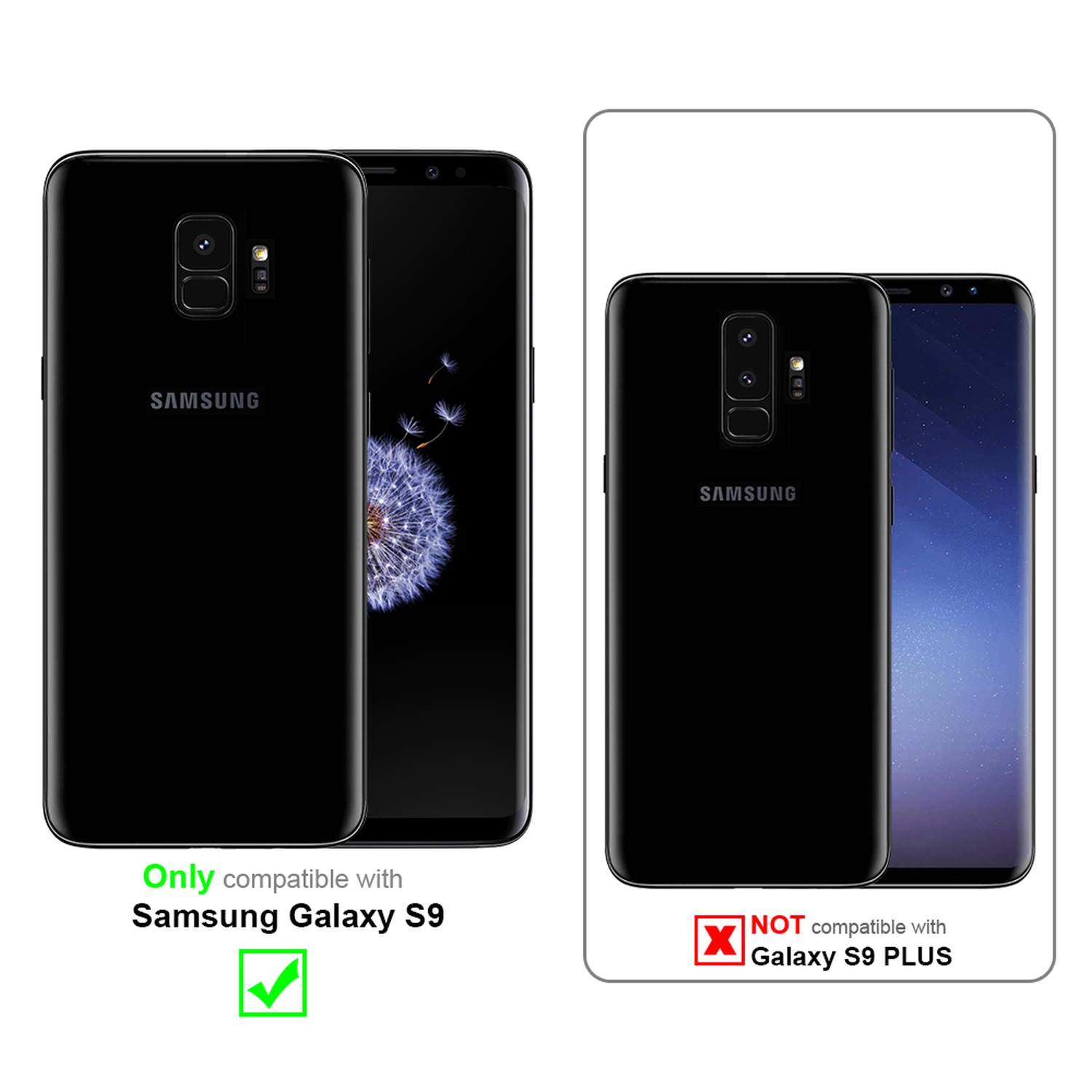 Zwei schwarze Telefone. Text: Nur kompatibel mit Samsung Galaxy S9.
