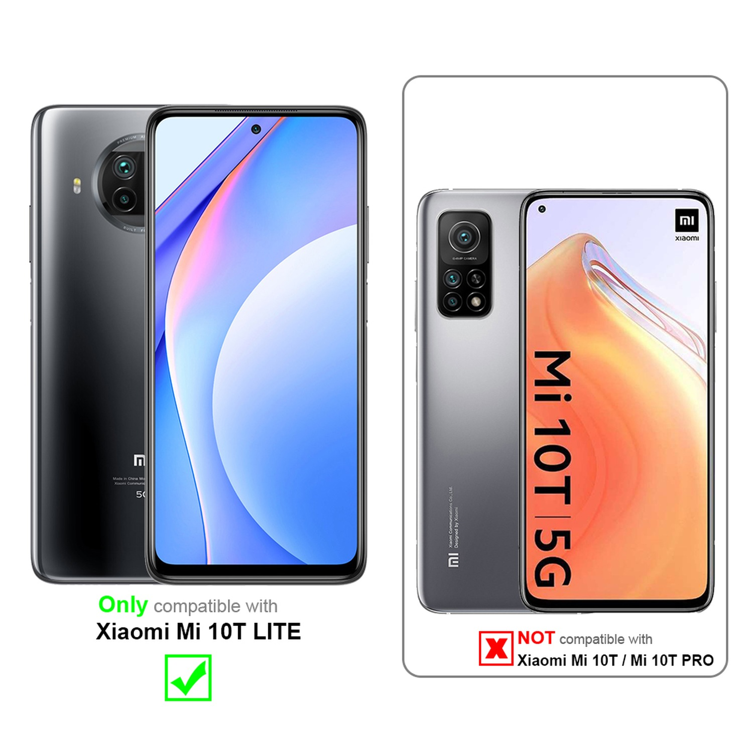 Zwei Smartphones. Eines ist schwarz, das andere grau, zeigt die Vorder- und Rückseite. Nur kompatibel mit Mi 10T Lite.