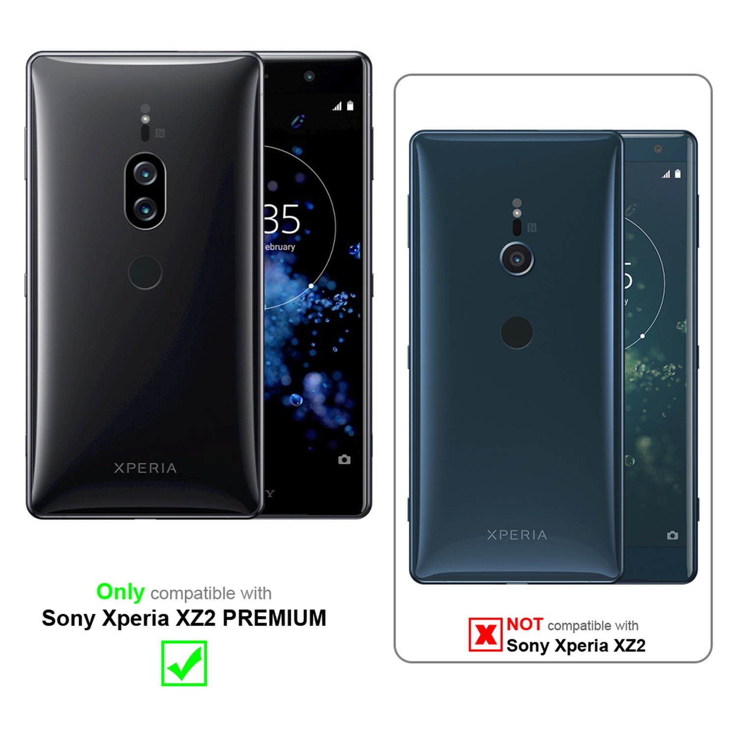 Due telefoni, uno nero, uno blu, con custodie. Il testo indica la compatibilità per Sony Xperia XZ2 Premium.