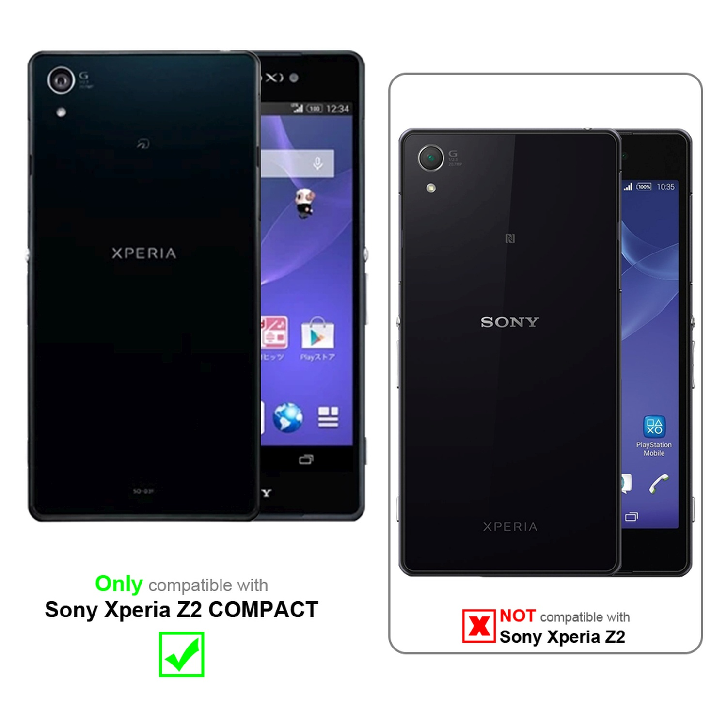 Dos teléfonos Sony Xperia Z2 Compact negros. Uno es compatible, el otro no. Texto en la parte inferior.
