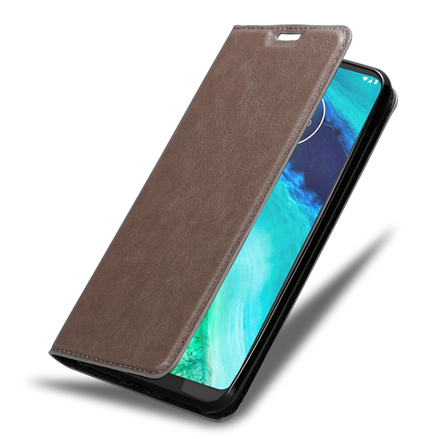 Braune Handyhülle, offen, zeigt ein Telefon. Die Hülle ist lederartig mit Magnetverschluss.