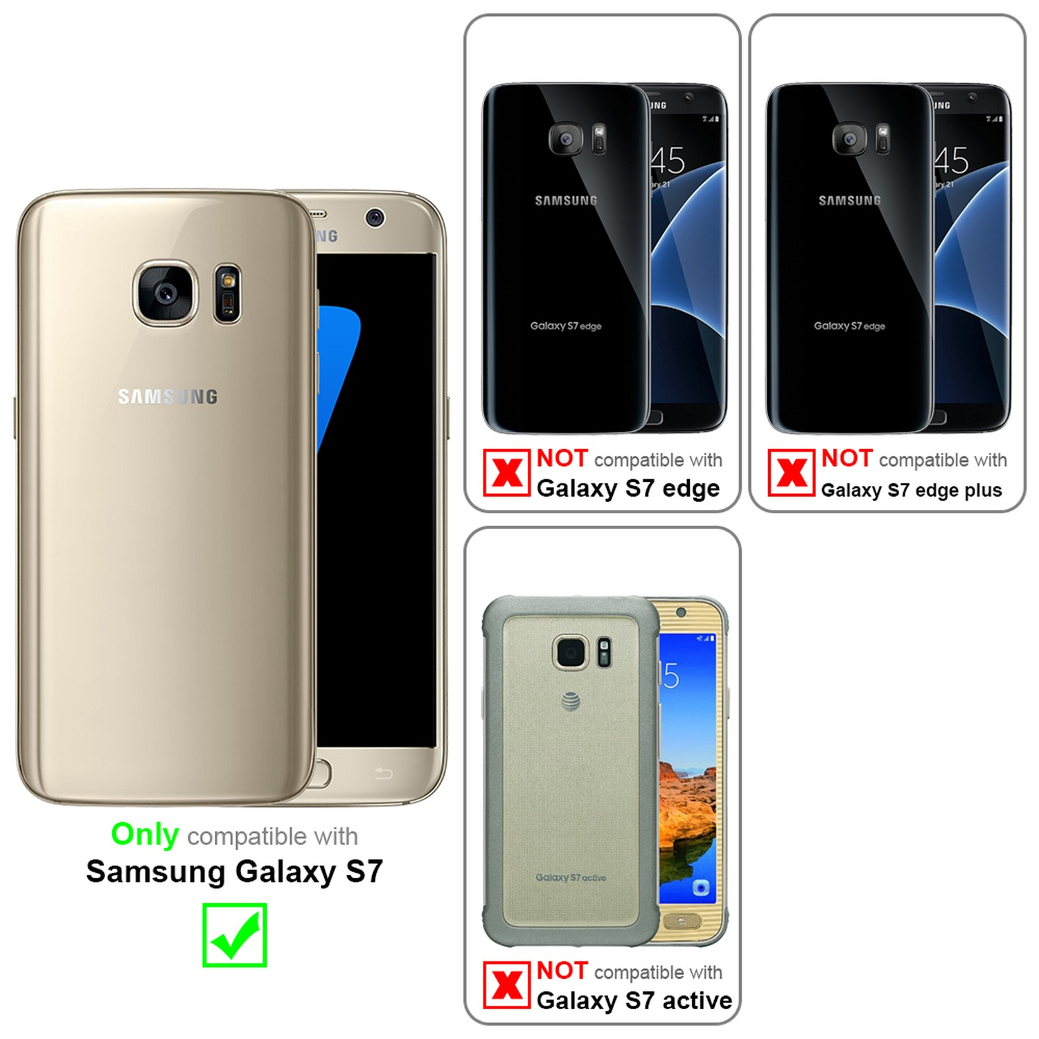 Dos teléfonos: un Galaxy S7 compatible y dos teléfonos no compatibles. Marca de verificación verde/X roja.