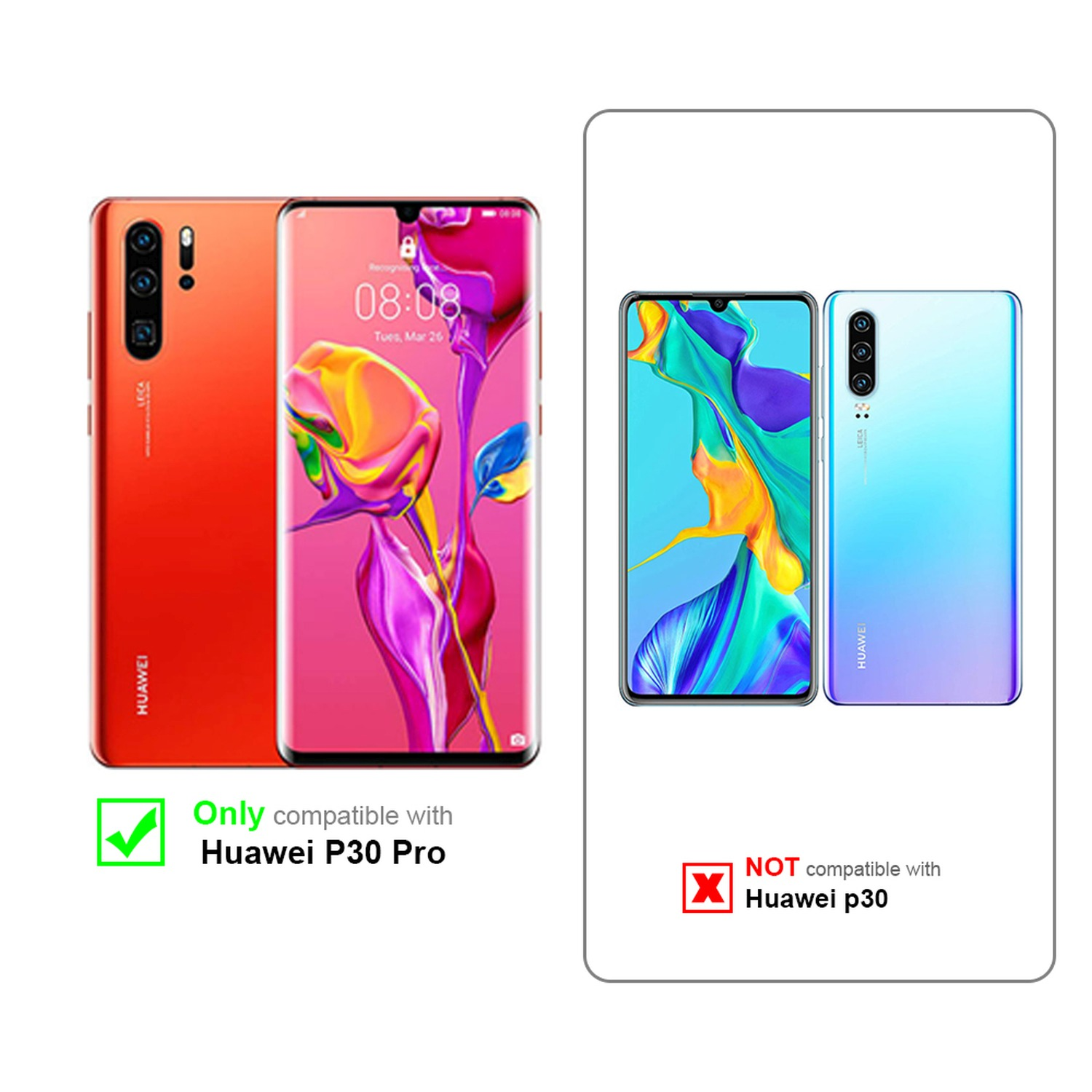 Zwei Telefone mit Hüllen werden gezeigt. Eines ist mit dem P30 Pro kompatibel, das andere nicht.
