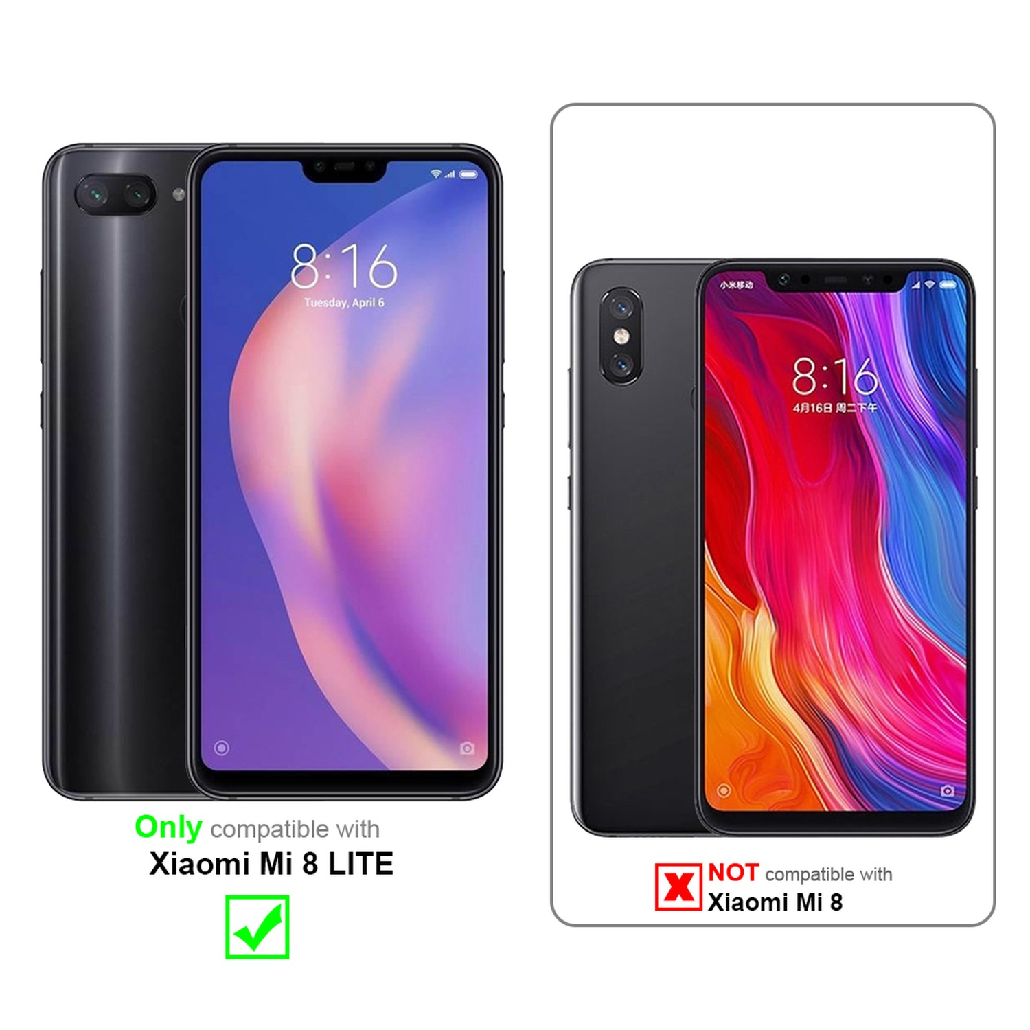 Due smartphone neri, uno è compatibile solo con Xiaomi Mi 8 Lite. L'altro no.