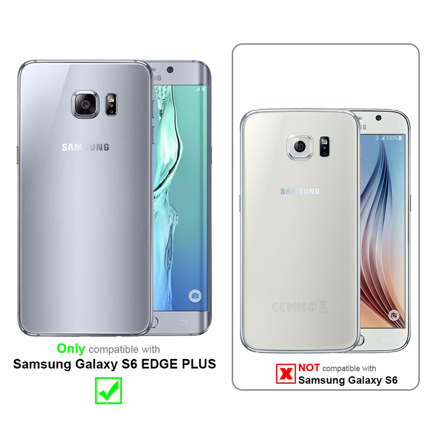 Due telefoni sono mostrati con custodie. Uno è compatibile con Samsung Galaxy S6 Edge Plus, l'altro no.