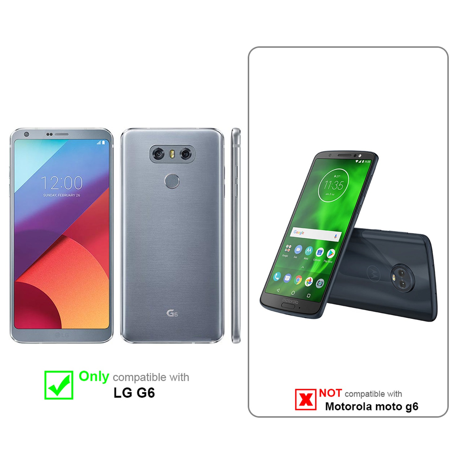 Telefono e custodia LG G6. Motorola Moto G6 non è compatibile. Il segno di spunta indica la compatibilità.