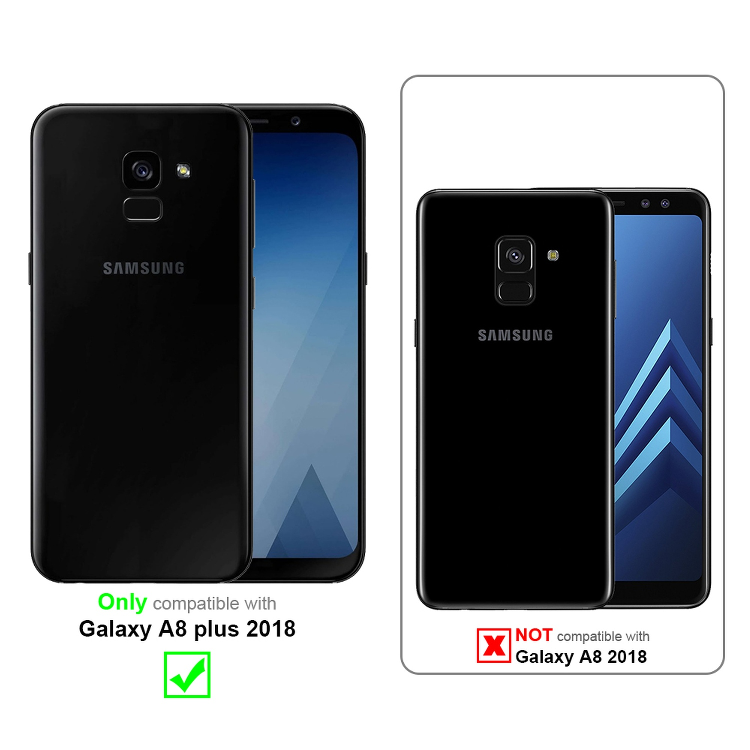 Due telefoni Samsung neri uno accanto all'altro, con un indicatore che mostra la compatibilità con Galaxy A8.
