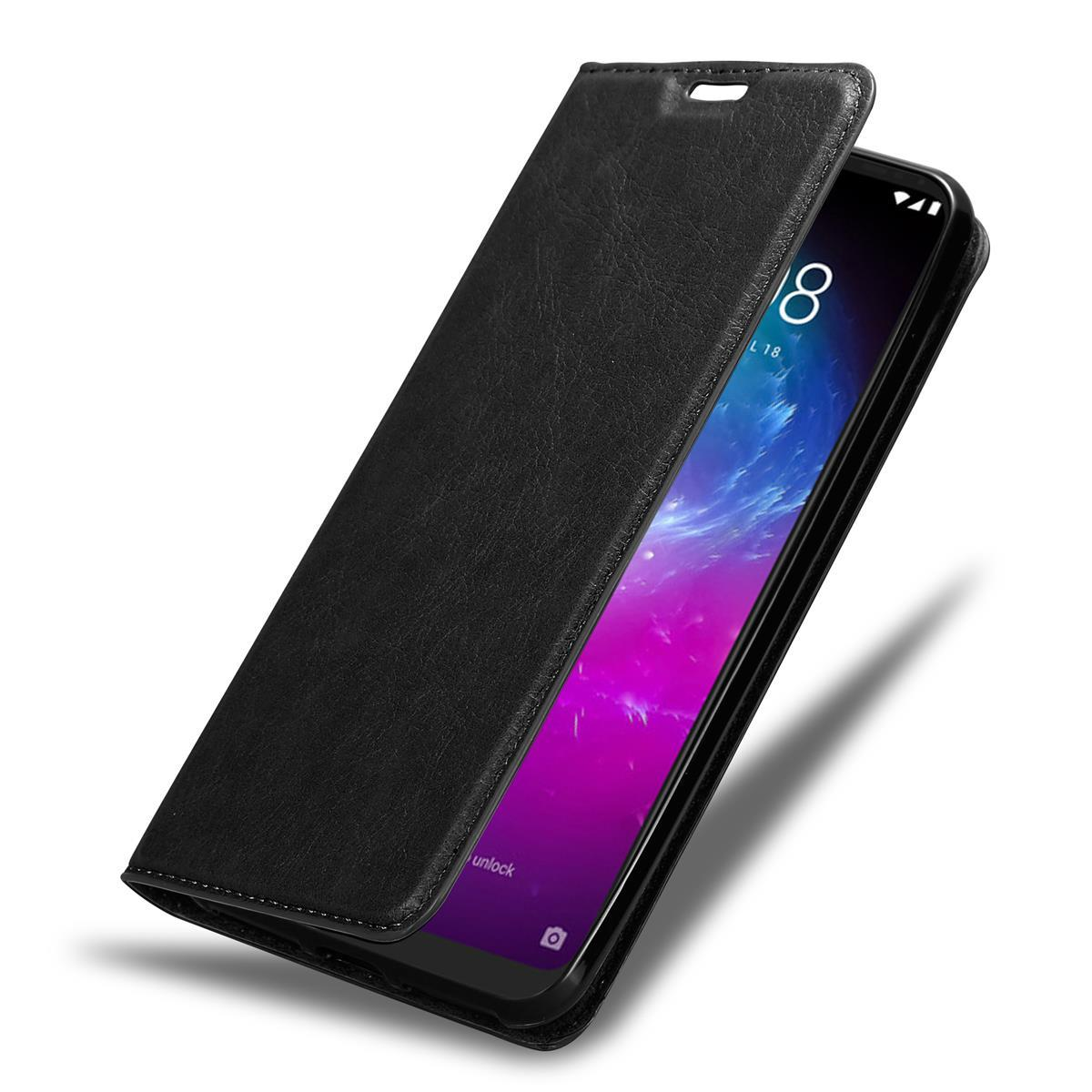 Schwarze Handyhülle, geöffnet. Telefonbildschirm sichtbar, zeigt blauen und lila Farbverlauf.