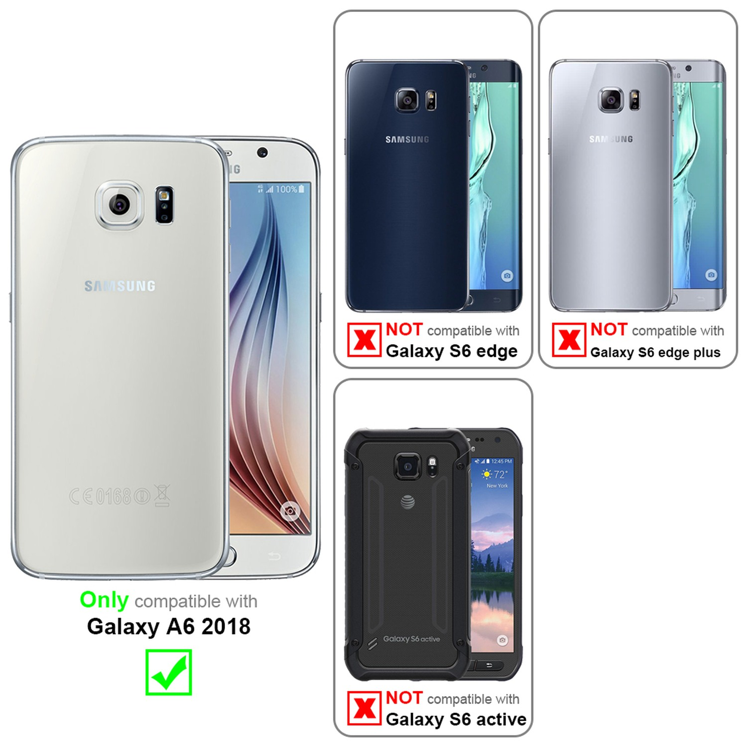 Telefono bianco Samsung Galaxy A6 2018 accanto a immagini di altri telefoni, che mostrano la compatibilità.