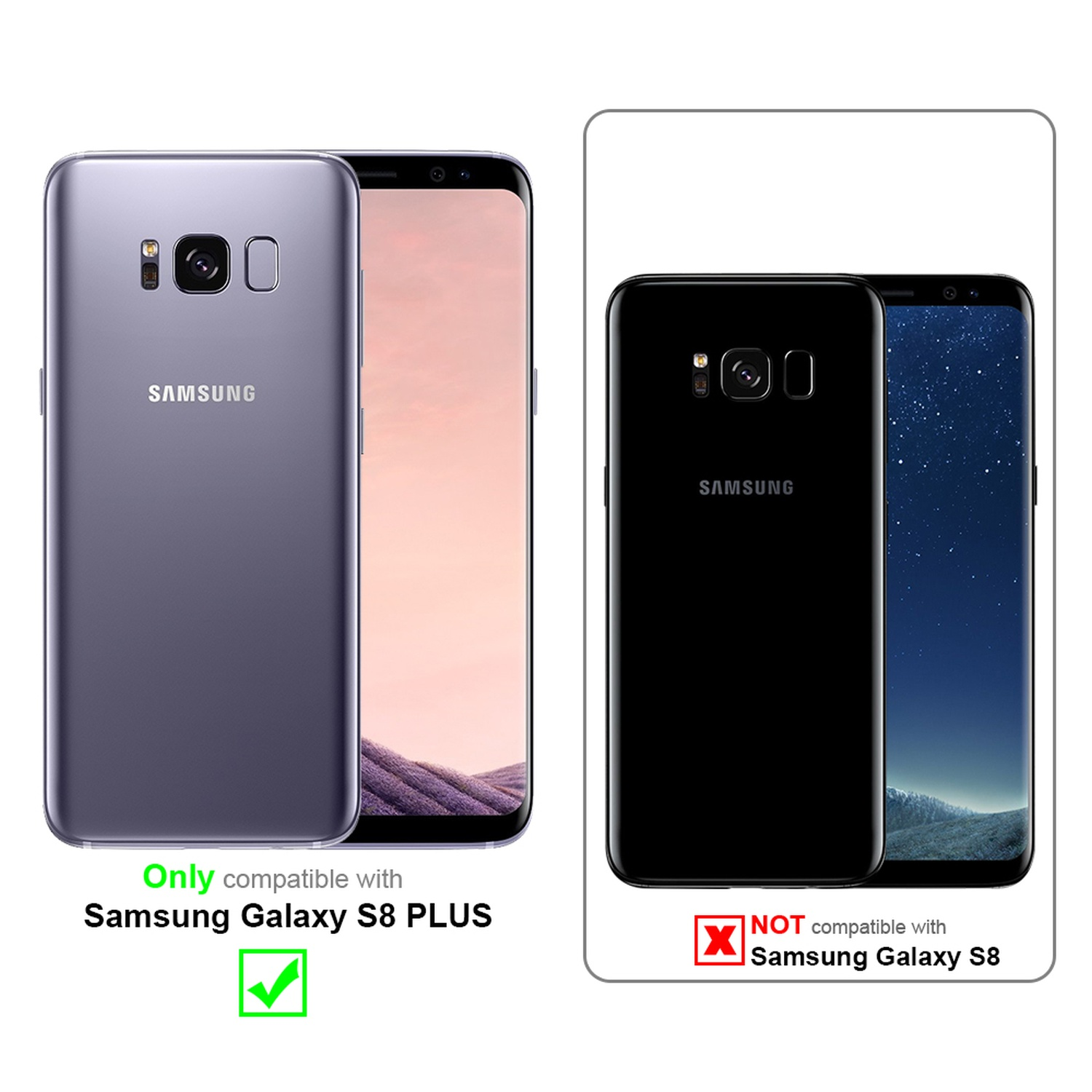 Zwei Telefone. Eins lila und eins schwarz. Text weist auf Kompatibilität nur mit Samsung Galaxy S8 PLUS hin.